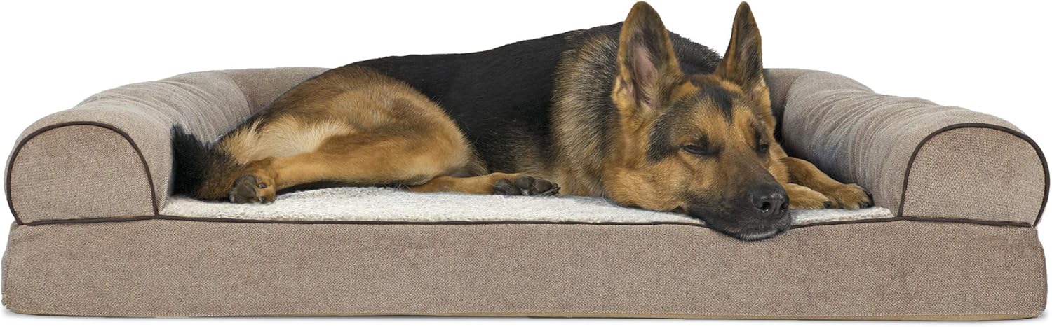Furhaven Pet Dog Bed - Orthopedic Faux Fleece and Chenille Soft Woven Traditional Sofa-Style Living Room Couch Pet Bed with Removable Cover for Dogs and Cats, Cream, Jumbo : Pet Supplies