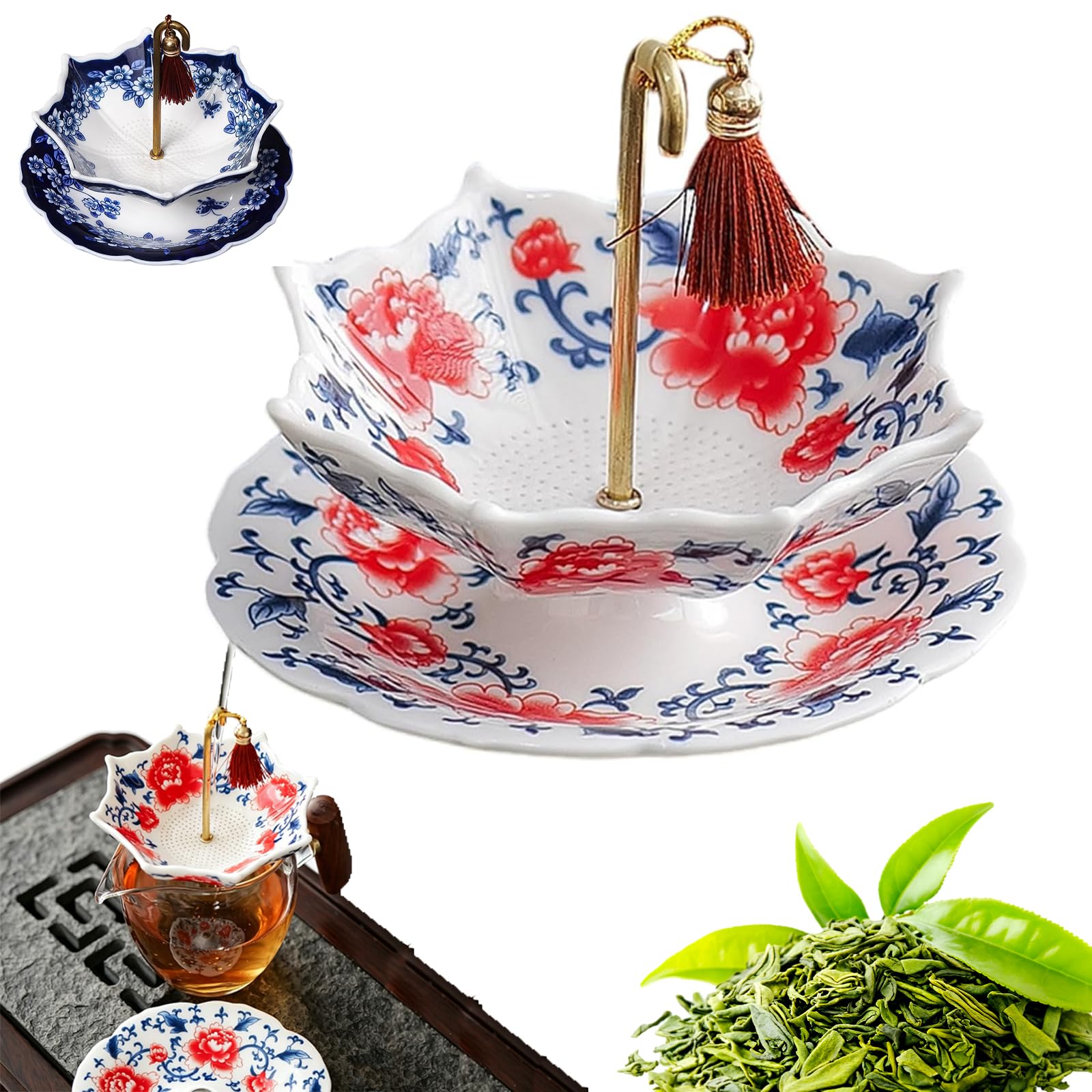 Chiny Porcelanowy parasol sitko do herbaty, ceramiczny parasol zaparzacz do herbaty, D10,7 cm chiński niebieski i biały porcelanowy luźny filtr liściowy z obrotową konstrukcją, wielofunkcyjny