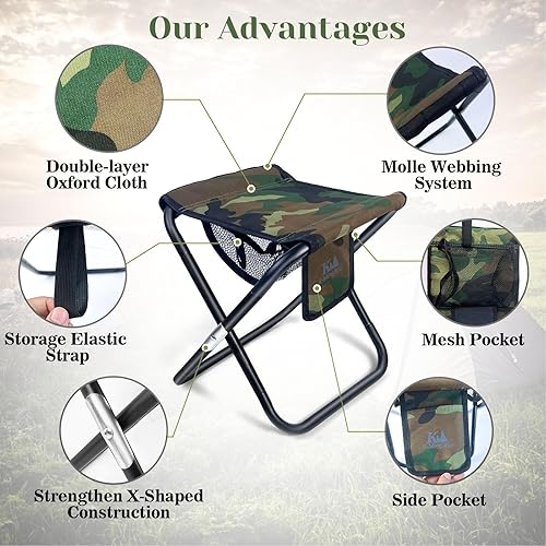 Miniatura 4 de Taburete plegable portátil mejorado de 13 pulgadas con bolsillo lateral de malla y sistema Molle, taburete plegable ligero para adultos, jardinería,