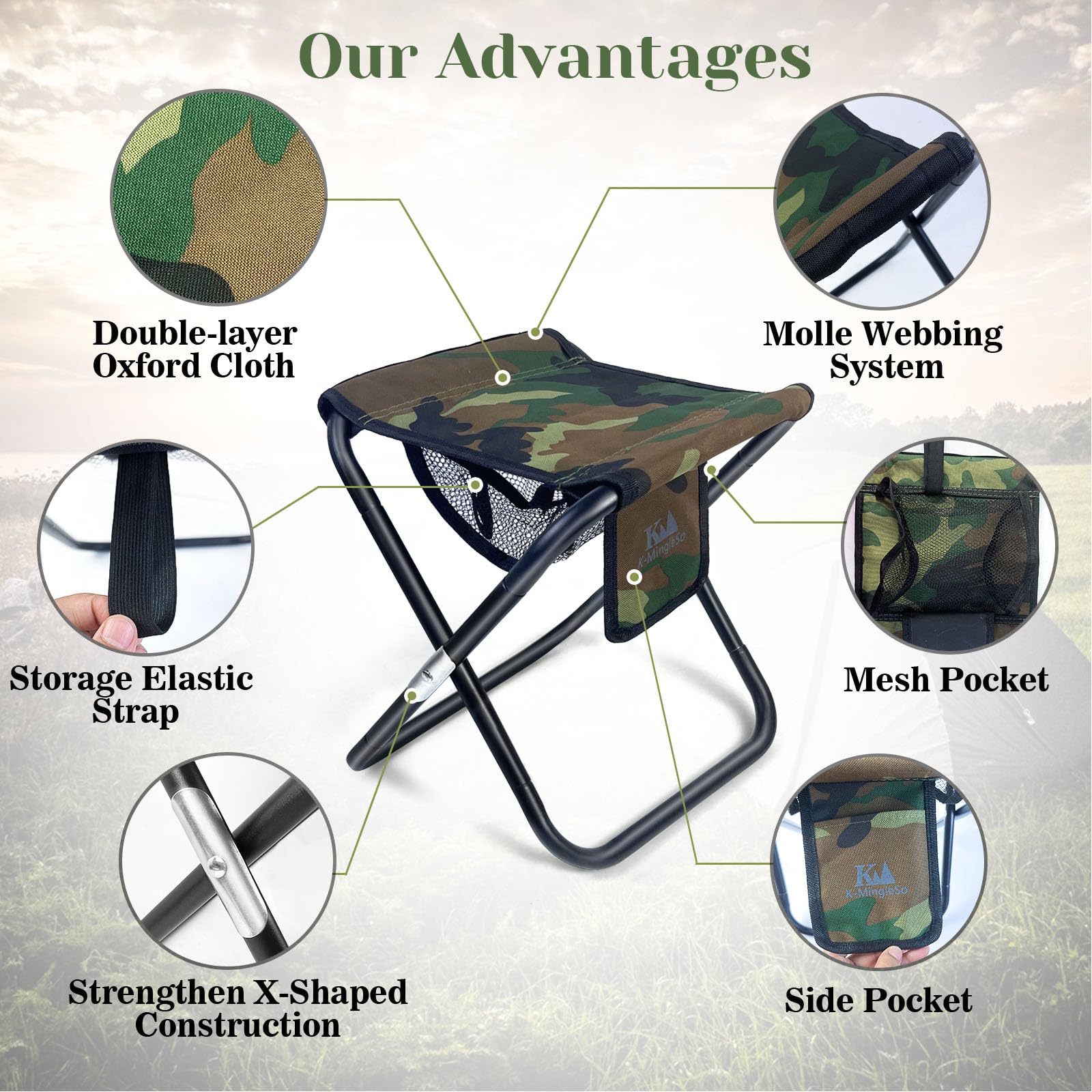 Taburete plegable portátil de 13 pulgadas con bolsillo lateral de malla y sistema Molle, taburete plegable ligero para adultos, jardinería, viajes, barbacoa, pesca, con bolsa de transporte