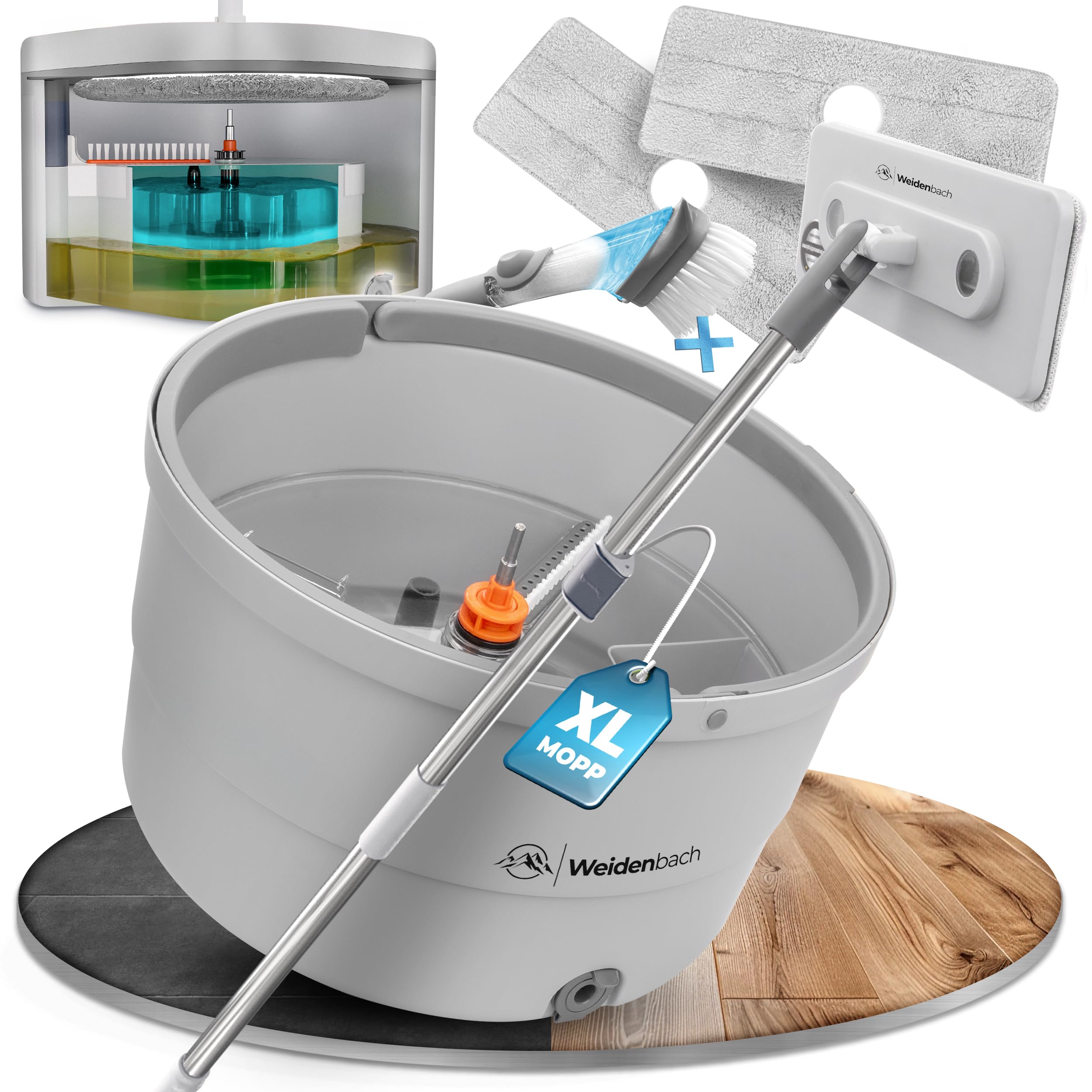 Weidenbach Juego de fregona con cubo XL, sistema de 2 cámaras para una separación limpia de la suciedad y el agua dulce, mopa para una limpieza eficiente, función de escurridor (gris XL)