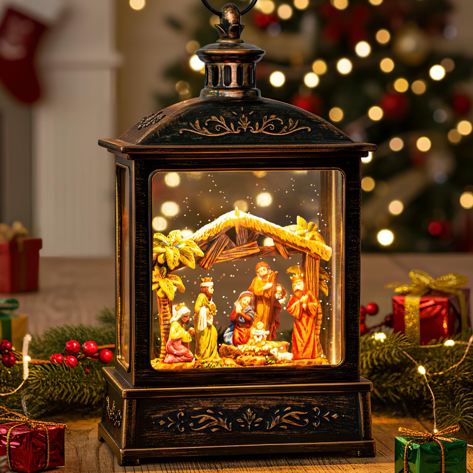 Christmas Snow Globe Glittering Nativity Scene with Music &amp; Timer, USB Lined/Battery Operated Lighted Water Lantern for Christmas Festival Decoration Gifts