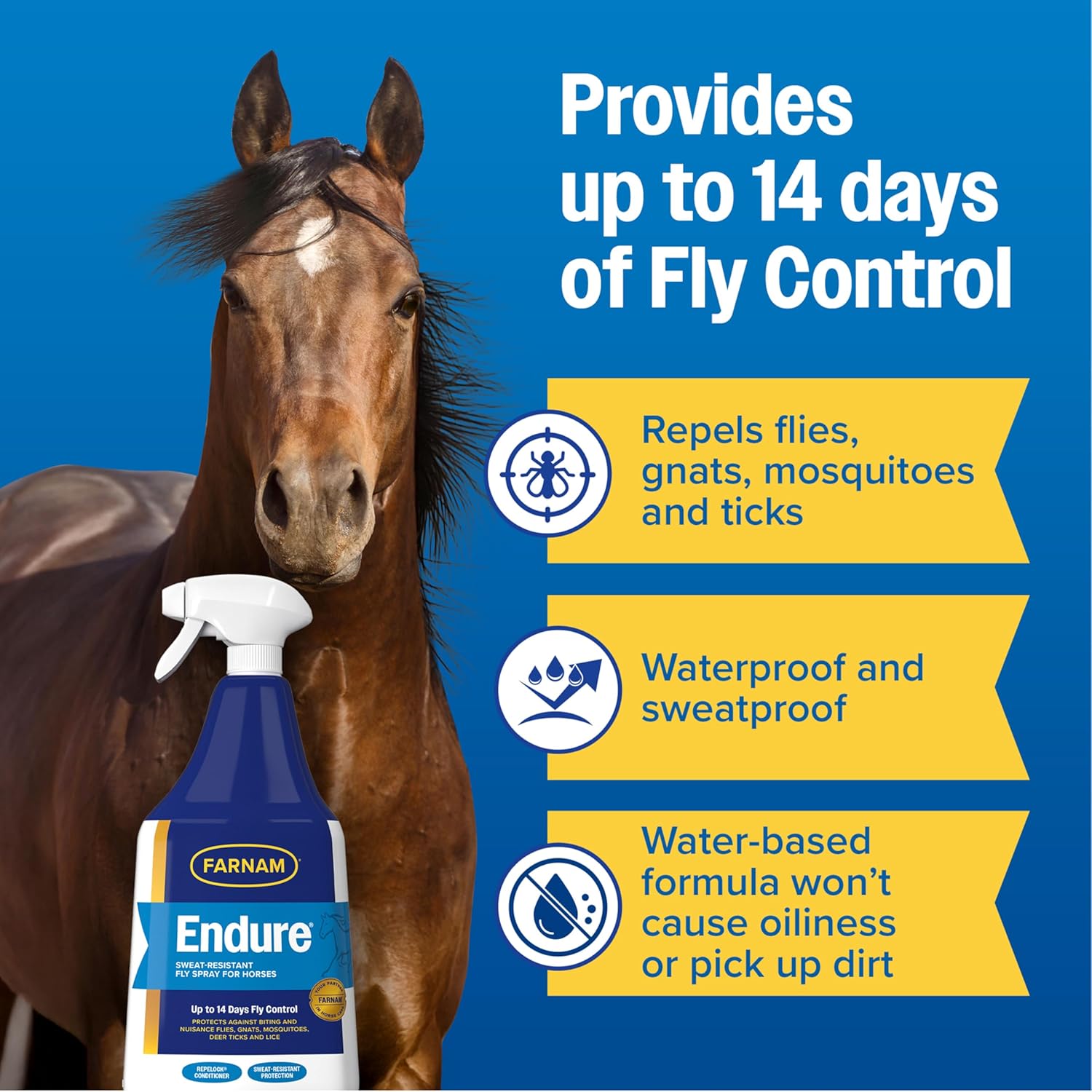 Farnam Endure Fly Spray for Horses - Long-Lasting Sweat-Resistant Fly Repellent, Repels Flies, Mosquitoes, Gnats and Ticks, Up to 14 Days Fly Control - 32 oz Spray