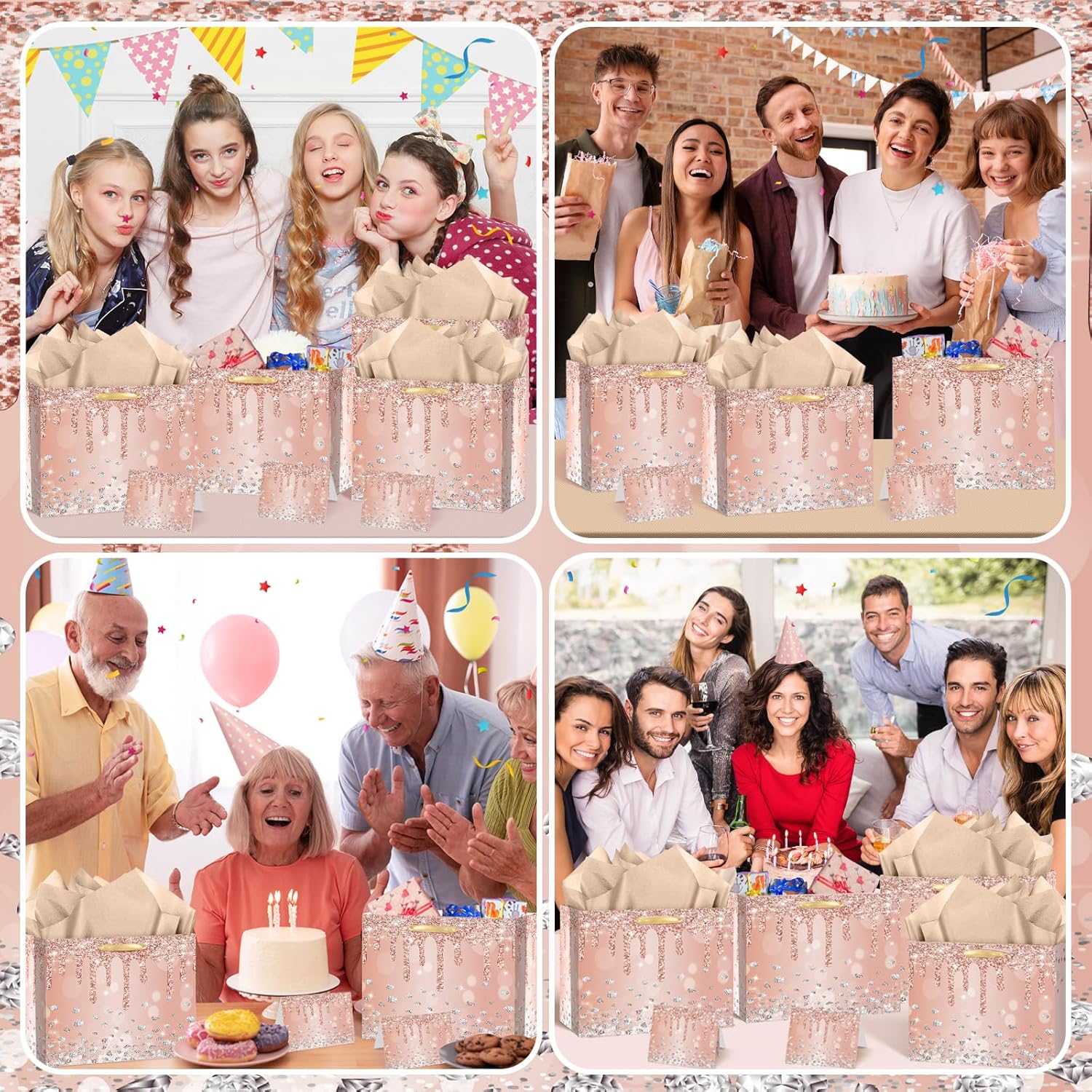 Rose Gold Gift Bags with Tissue Paper and Greeting Card Large Pink Rose Gold Birthday Bag for Girls Women Glitter Gift Wrapping Paper Bag with Handles for Birthday Wedding Bridal Showers Party Gift - Image 5