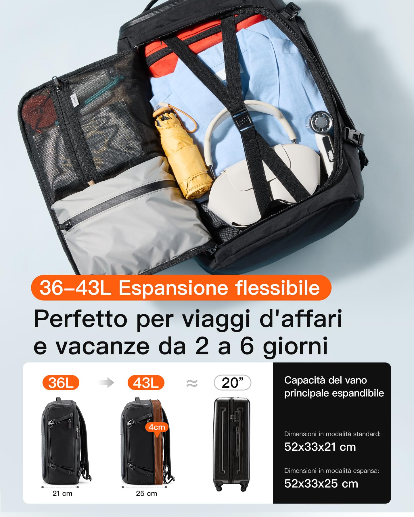 Inateck Zaino da Viaggio Leggero, Bbagaglio a Mano, Espandibile da 36 a 43L