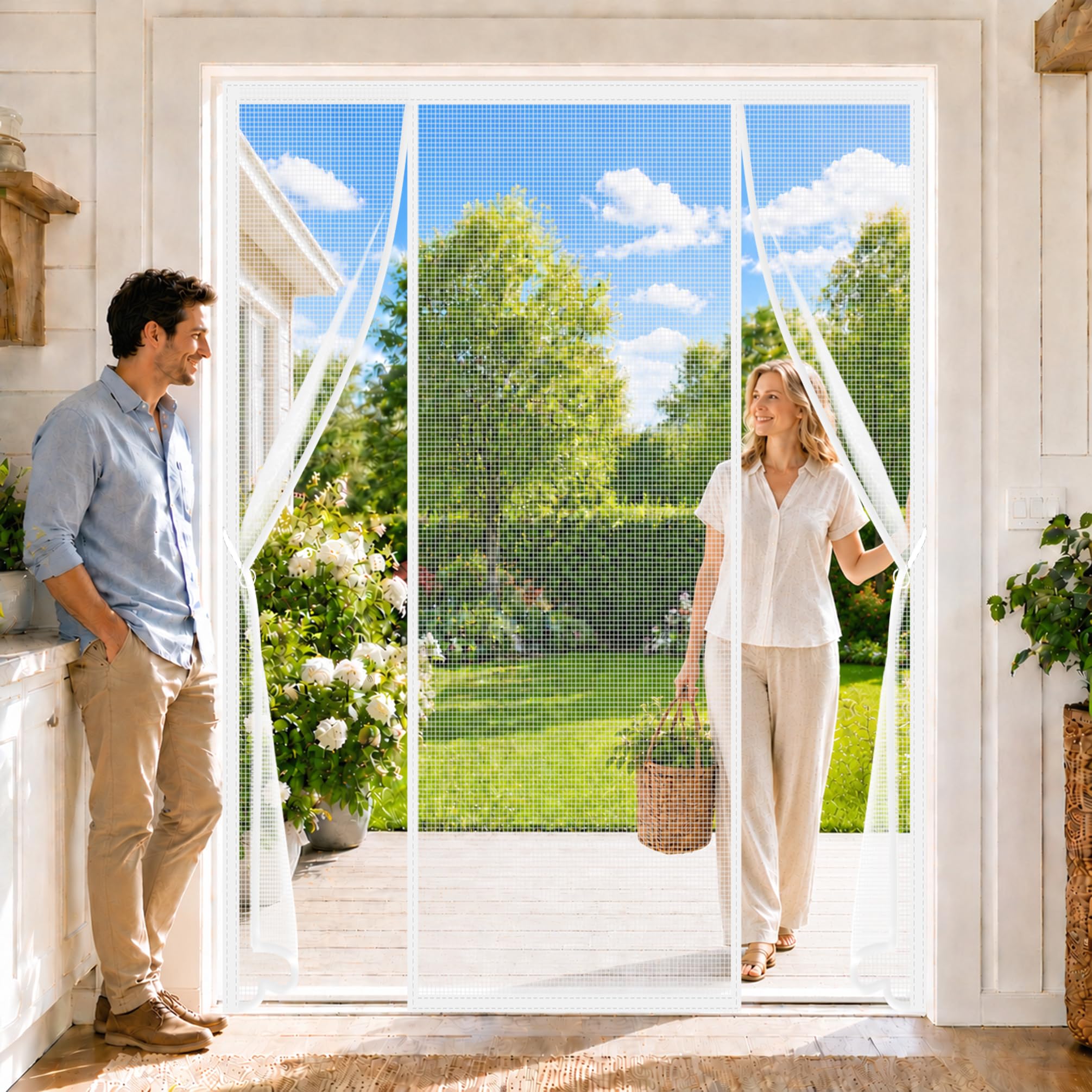 Double Door Magnetic Mesh Curtain White 190x180cm Double Door Reinforced Fiberglass Anti-Tearing Insect Fly Mesh Seal Automatically for Family Homes Wanting Seamless Indoor-Outdoor Flow