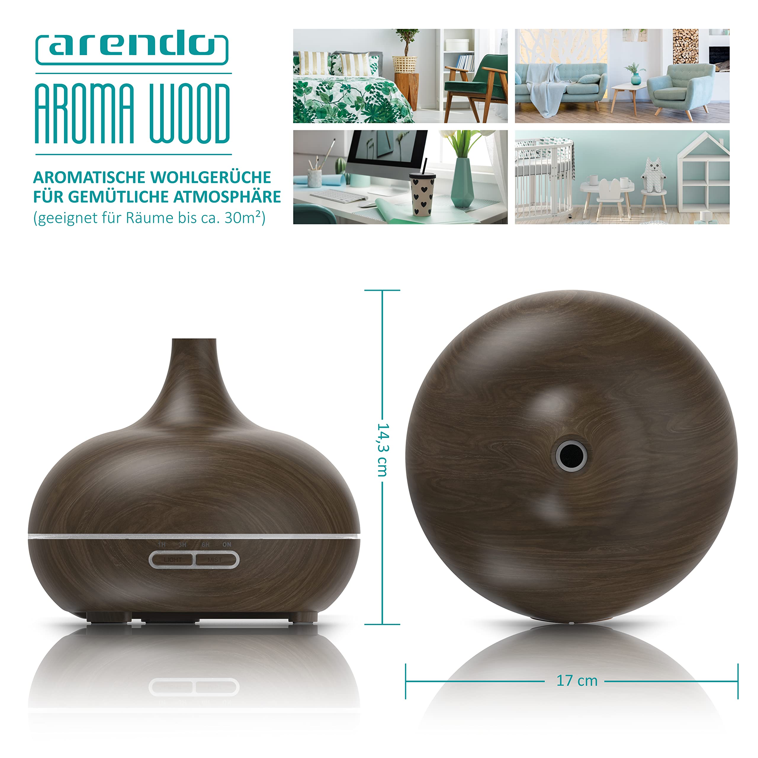 Arendo - Ultraschall LED Aroma Diffuser 300 ml - Luftbefeuchter Raumbefeuchter Nachtlicht - LED Ring 7 Farben - Timer Funktion - Dauernebelmodus - angenehm leises Betriebsgeräusch - Holzdekor