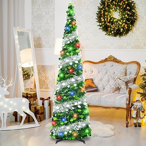Miniatura 9 de Árbol de Navidad de 5 pies con luces, árbol de Navidad desplegable plateado con lentejuelas de estrella y luz cálida