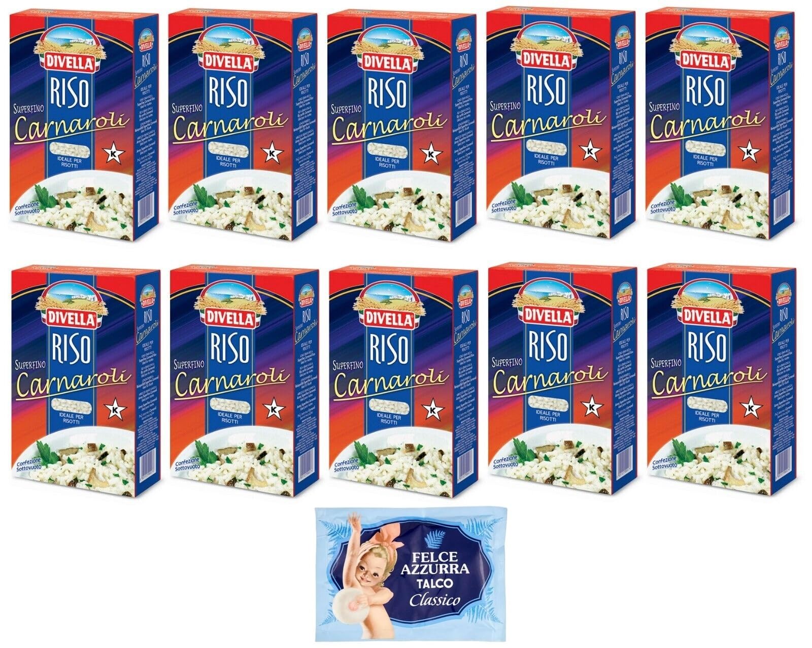 10er-Pack Divella Reis Riso Carnaroli,Superfeine Reiskörner,Ideal für Risottos,1kg Vakuumverpackung + 1er-Pack Kostenlos Felce Azzurra Talkumpuder, 100g-Beutel