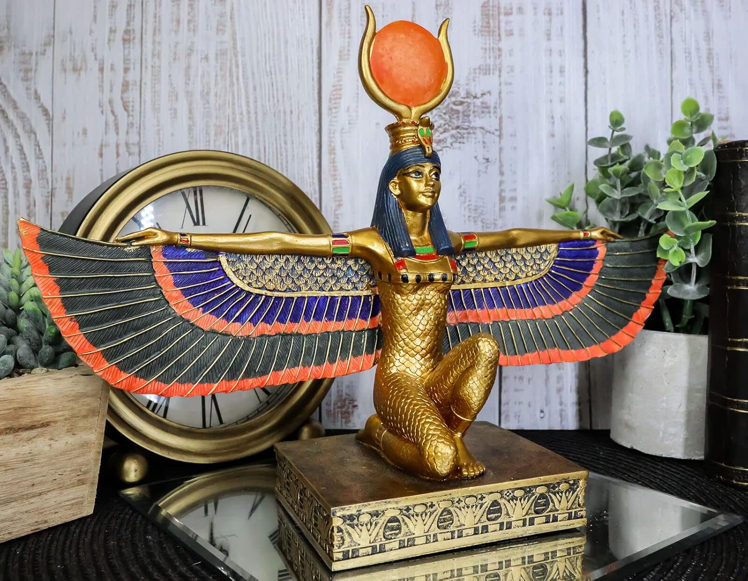Ebros Gift Colorful Egyptian Goddess Kneeling Isis with Open Wings Statue 12.75" Long Deity of Fertility Motherhood and Home Iset Figurine Gods and Goddesses of Egypt