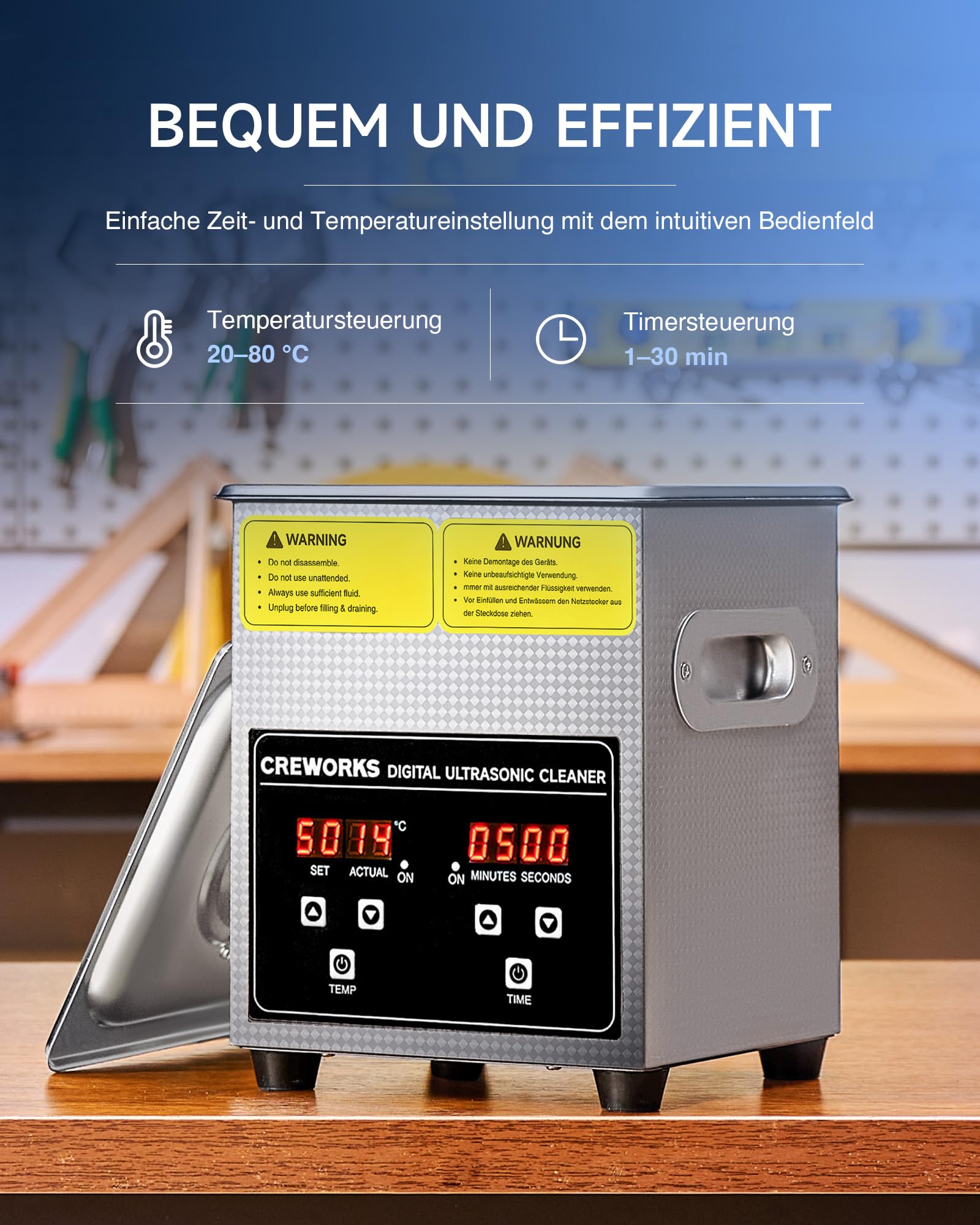 CREWORKS Ultraschallreinigungsgerät 2L (Echtes Volumen) Ultraschallgerät Ultraschallreiniger Edelstahl mit Heizung & Digital Timer für Brillen, Schmuck, Uhren, Zahnprothesen, Münzen, inkl. Korb