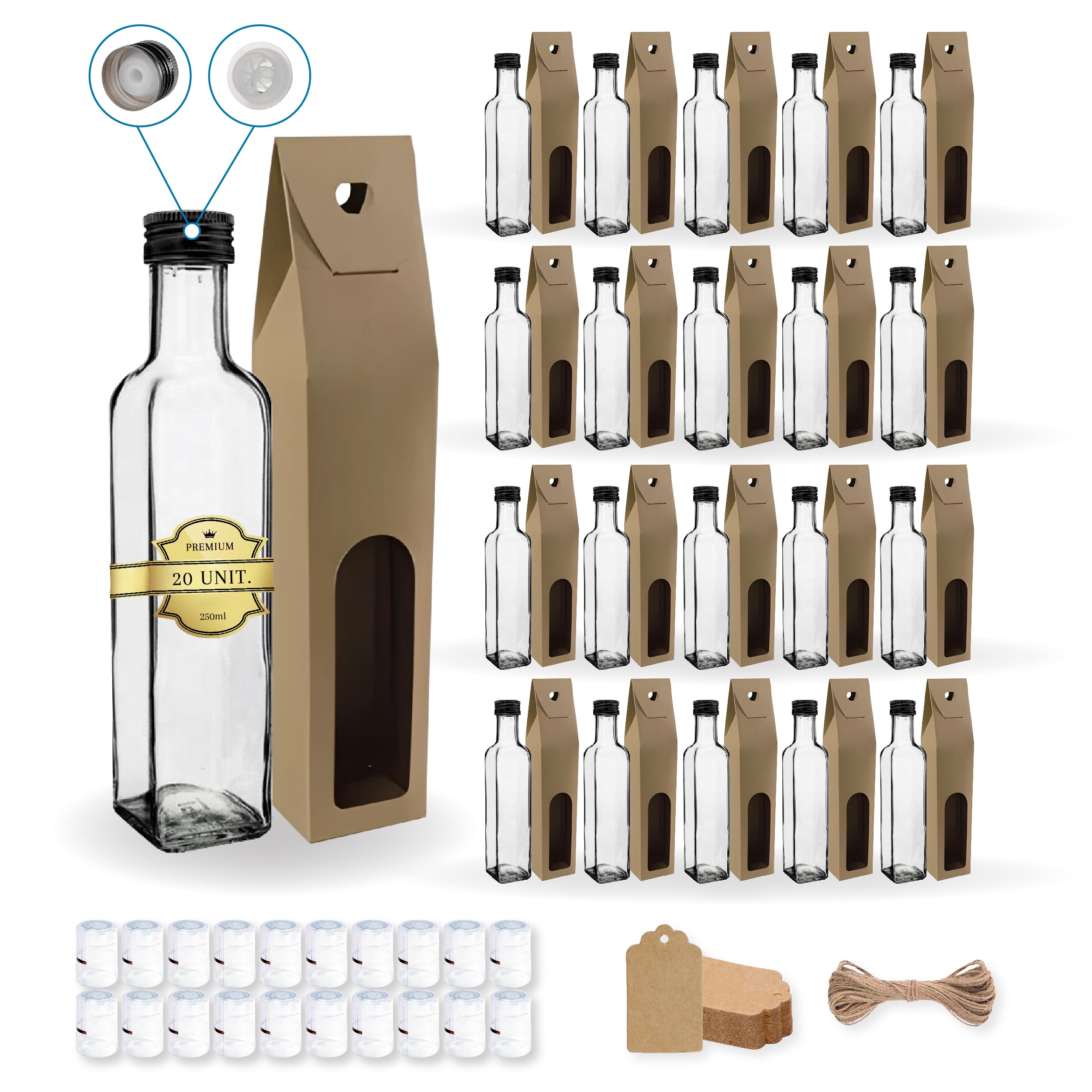 Set 20 Bottiglie di Vetro 250 ml con Tappo Nero e Beccuccio Versatore + 20 Scatole, 20 Sigilli e 20 Etichette – Oliera Regalo per Olio e Aceto | Espirito Rebelde