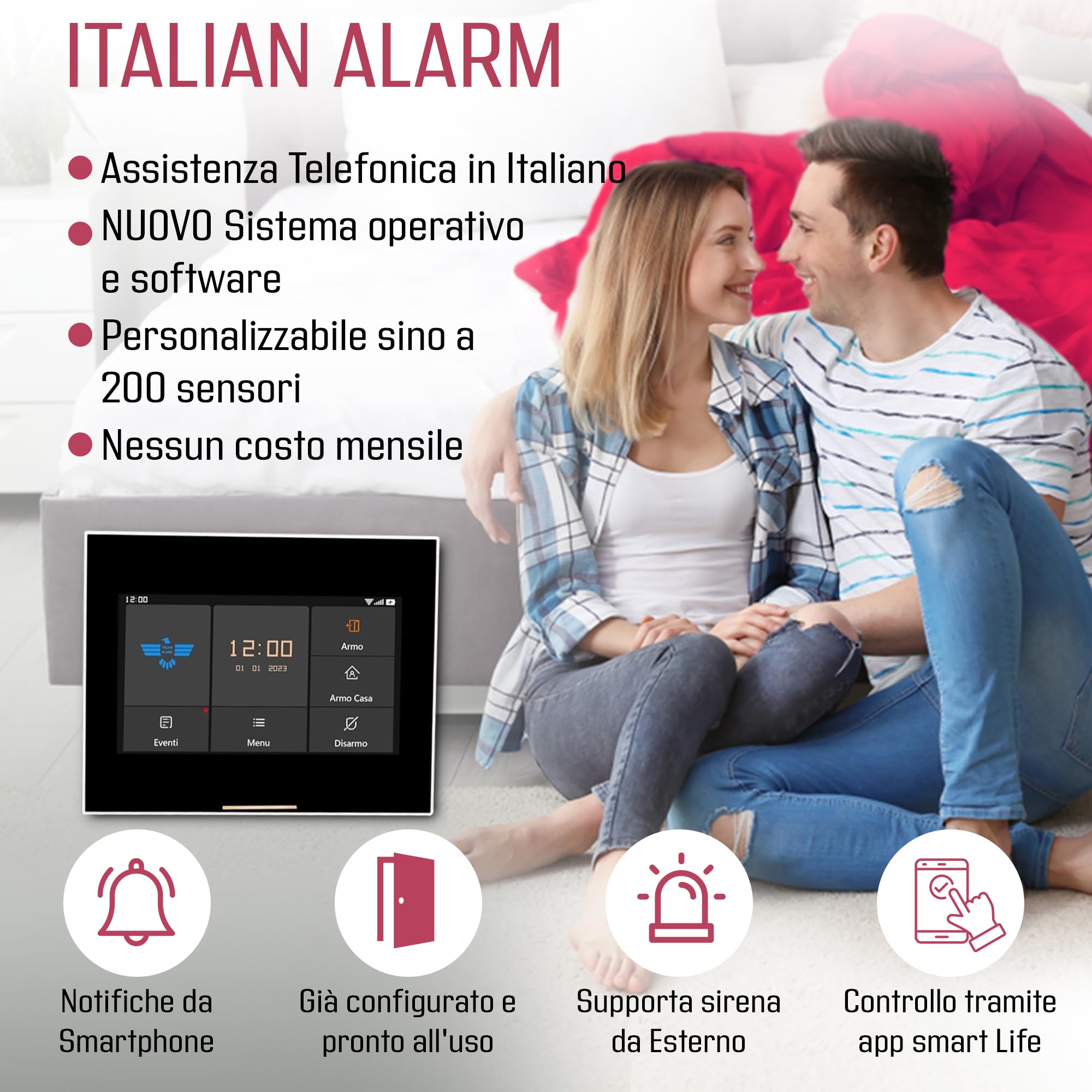 Allarme Casa Senza Fili, Antifurto Wireless con Sirena Esterna, Sistema Allarme Smart WiFi con App, Supporta SIM 4G, Compatibile Alexa. Già Configurato e Assistenza Italia