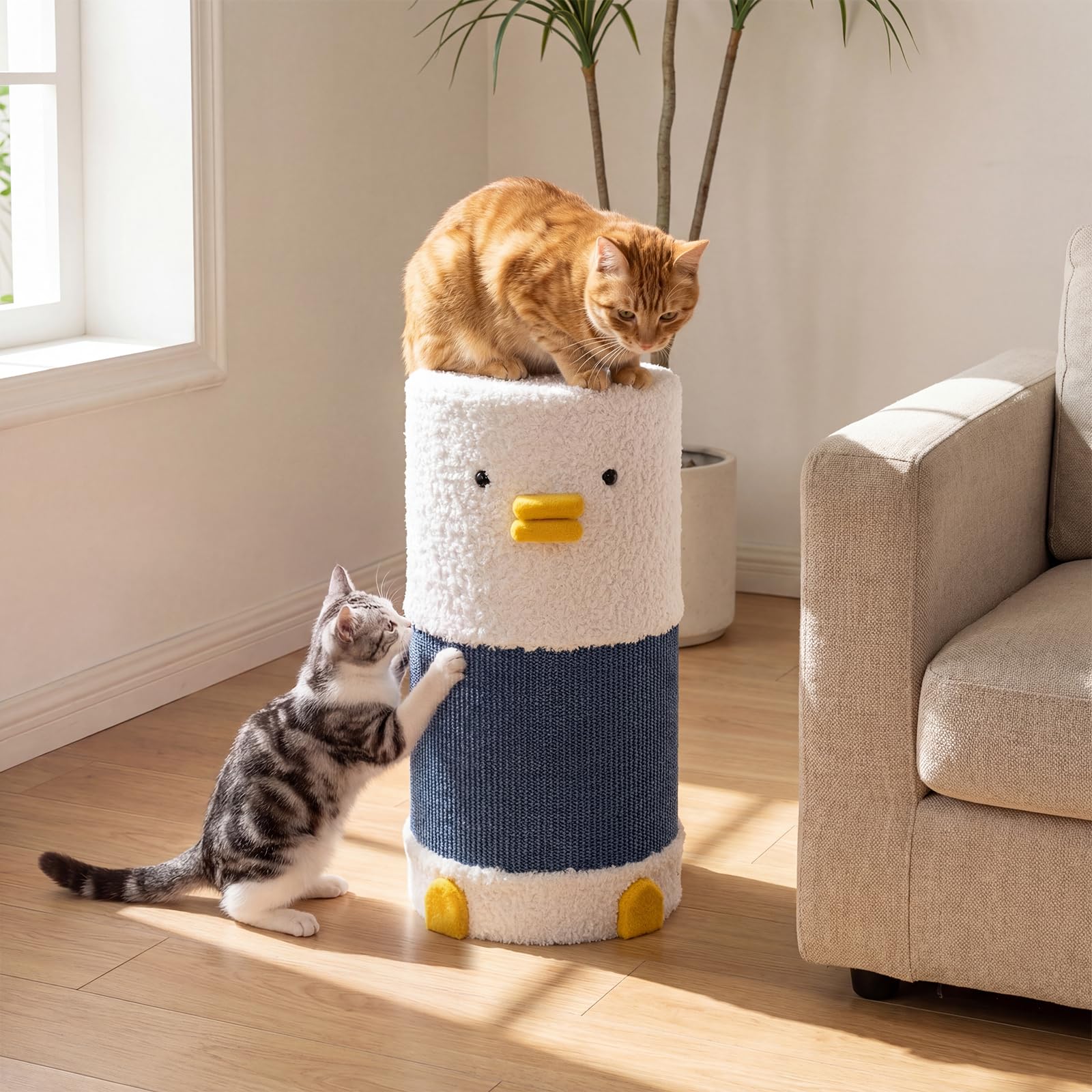 COSTWAY Kratztonne, Ø 35 cm, 66 cm hoch, Katzentonne mit Sisal-Kratzmatte, 2 Katzenhöhlen, Bett & Plüschrand, Kratzbaum für kleine und mittelgroße Katzen, Katzenbaum bis 15 kg, Blau