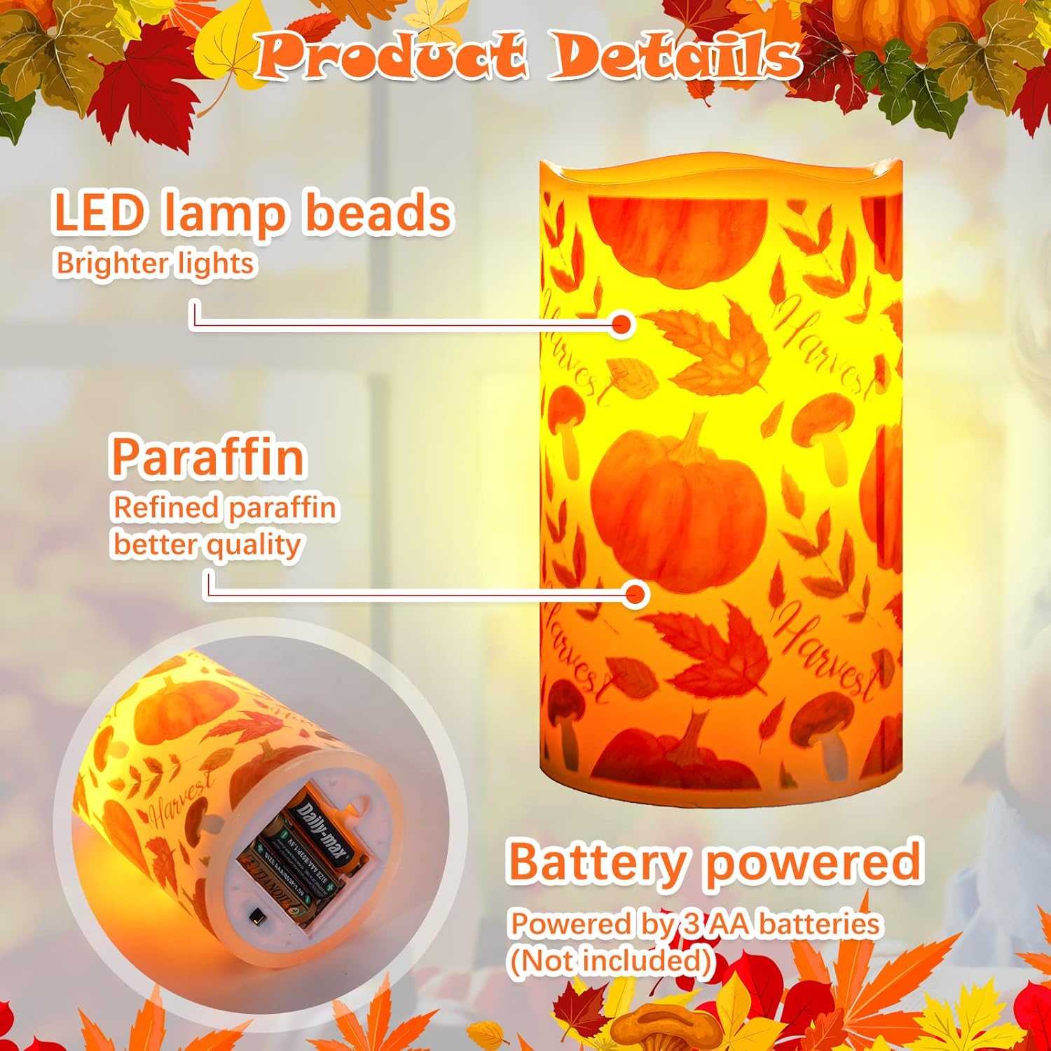 Treela 3 Pieces Thanksgiving Flameless LED Candles Lights Leaf Pumpkin Fall Decor Candle Lights with Timer Warm White Battery Operated Electric Led Maple Leaf Candle Lights for Fall Party Home Decor