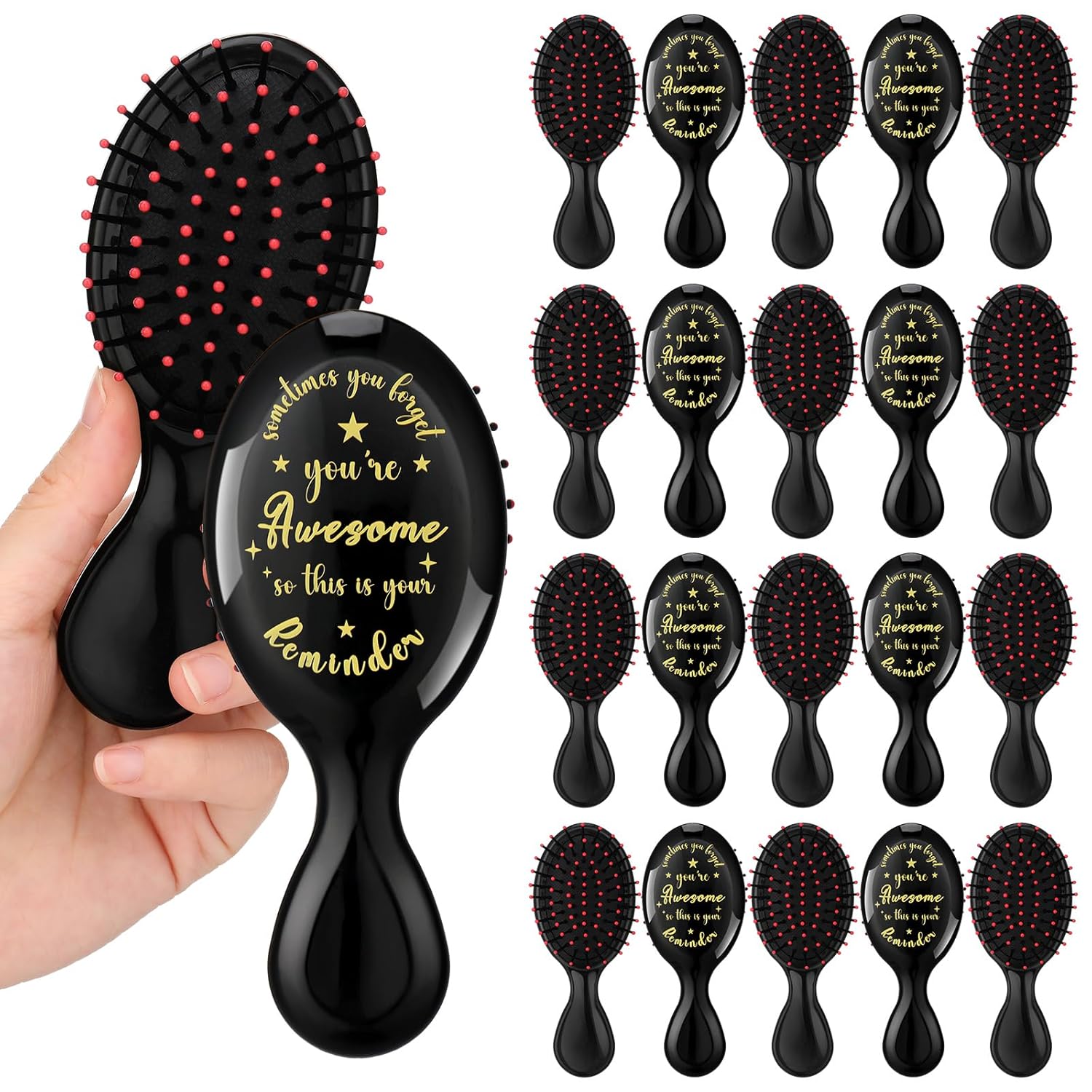 SiliFine 20 Pcs Thank You Gifts Employee Appreciation Gifts Inspirational Mini Hair Brush Bulk for Women Individually Wrapped Hairbrush for Social Worker Coworker Volenteer Thick Curly Hair(Black)