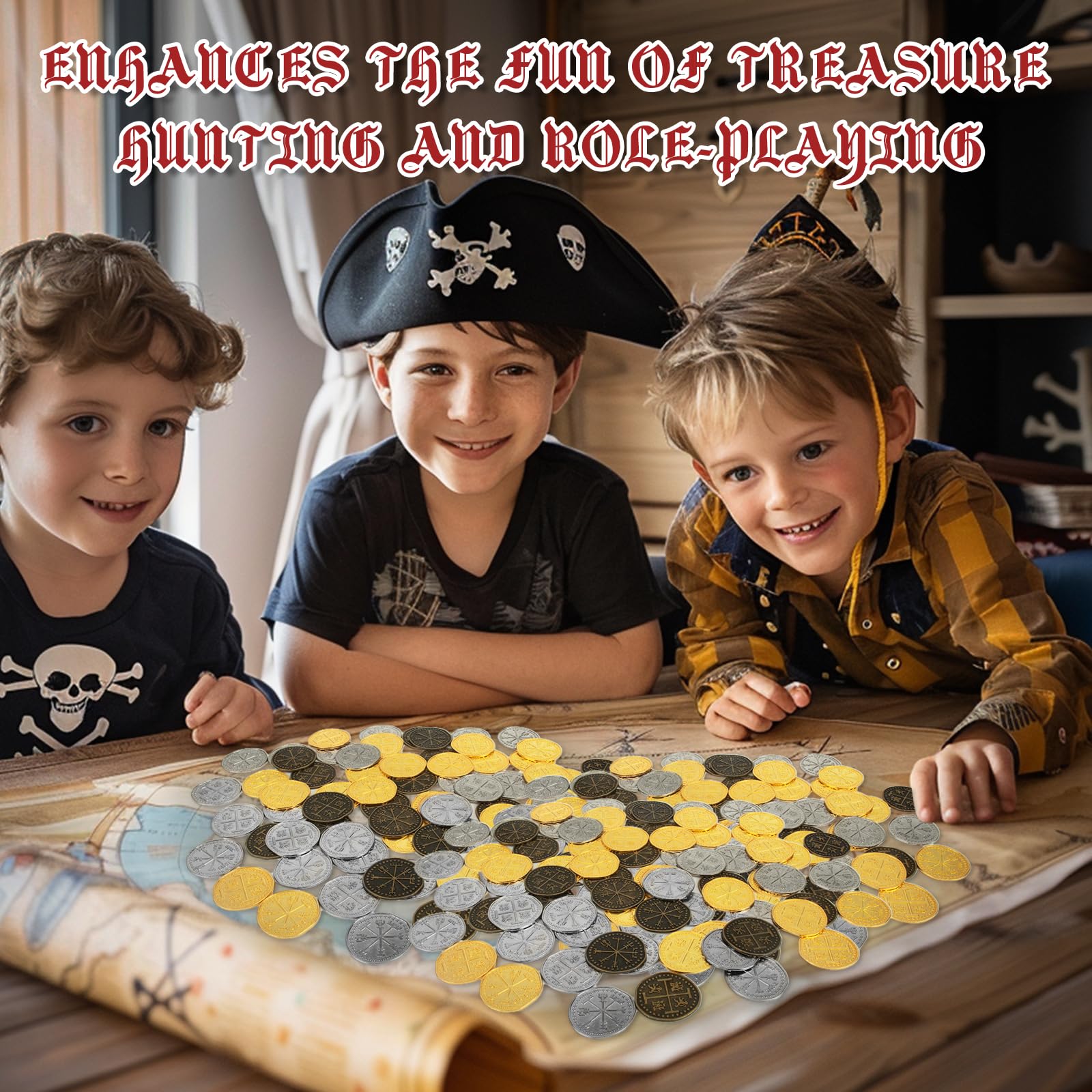 Byhoo 100 Pcs Metallo Pirata Token Set Monete Set Realistico Tesoro Spagnolo Monete per Pirati Scrigno del Tesoro Caccia del Tesoro Cosplay Giocattoli Da Tavolo