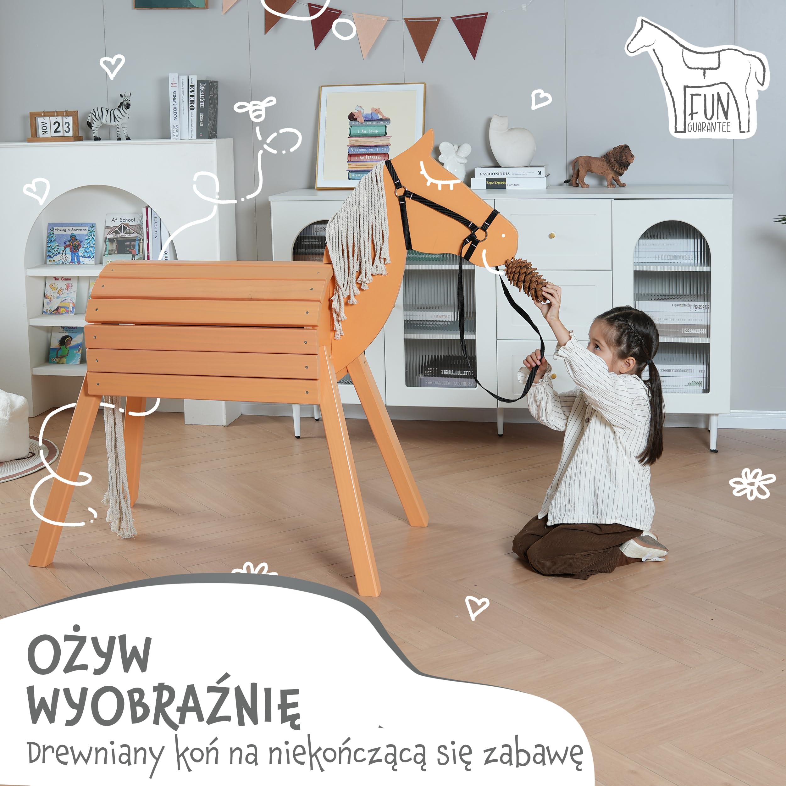 Pink Papaya Drewniany koń do użytku na zewnątrz, konik jeździecki z drewna dla dzieci, koń do zabawy XXL, do ogrodu, na zewnątrz, drewniany koń z grzywą i ogonem