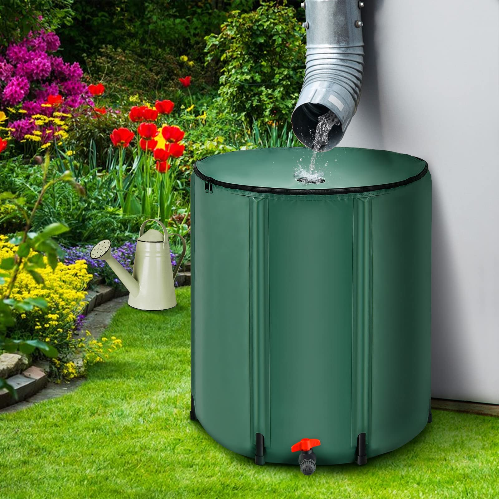 RELAX4LIFE Sistema de recolección de Agua Plegable con Tapa, Grifo y válvula de Drenaje, contenedor de recolección de Agua portátil con Filtro de Malla para riego de Flores, Lavado de Autos (200L)