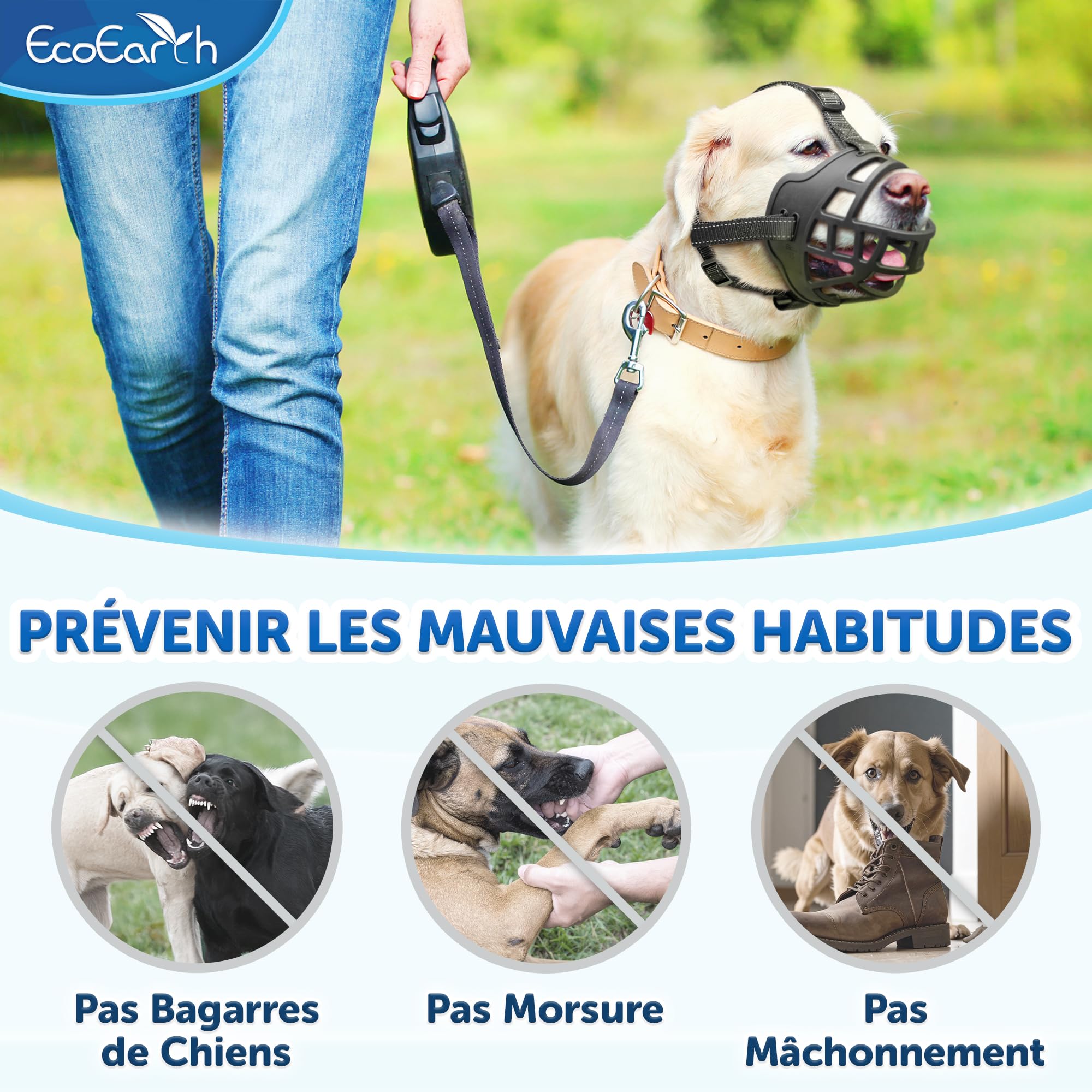 EcoEarth Muselière pour Chien - Muselière Panier Durable pour Chiens de Grande Taille - Grande, Noire - Protège-Dents réglable et Respirant pour empêcher Les morsures et Les aboiements