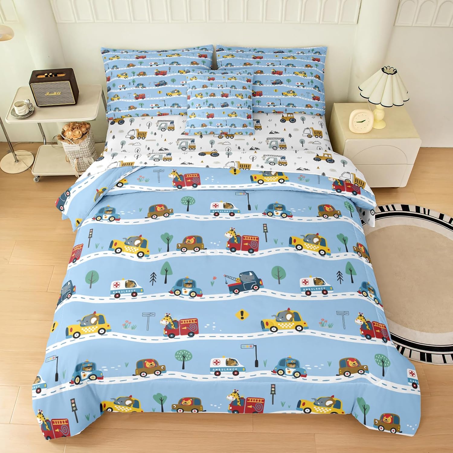 6pc Construction Comforter Set for Boys,Full Size Tractor Bedding Sets for Teen,Kids Comforter Set with 1 Quilt+1 Flat Sheet+1 Fitted Sheet+2 Pillowcases+1 Cushion Cover(Tractor Full)
