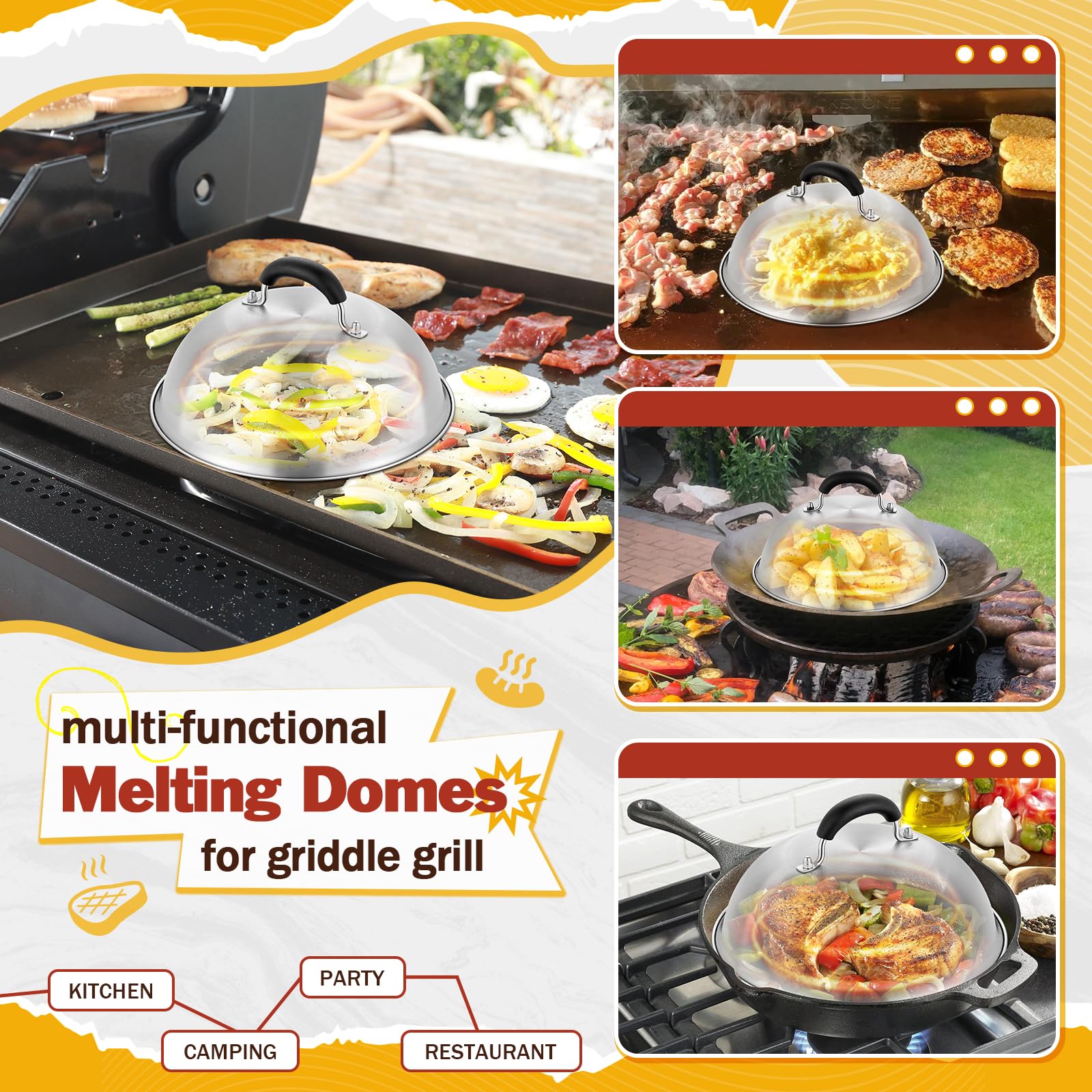 HaSteeL Cubierta para untar de 9.7 pulgadas, juego de cúpula redonda de acero inoxidable, cúpula de metal resistente para interiores y exteriores, plancha plana Teppanyaki, cocinar al vapor, barbacoa,