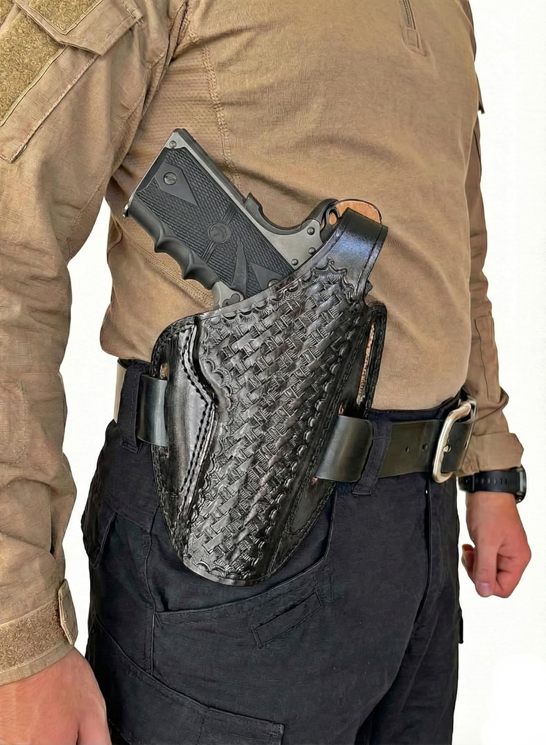 Leather Holster Fits Most 1911 Gun Style, Models with 4.25", and 5" Barrels, Handmade Basket Weave, 3 Slot Style Right Hand, Thumb Break - ShnLeather