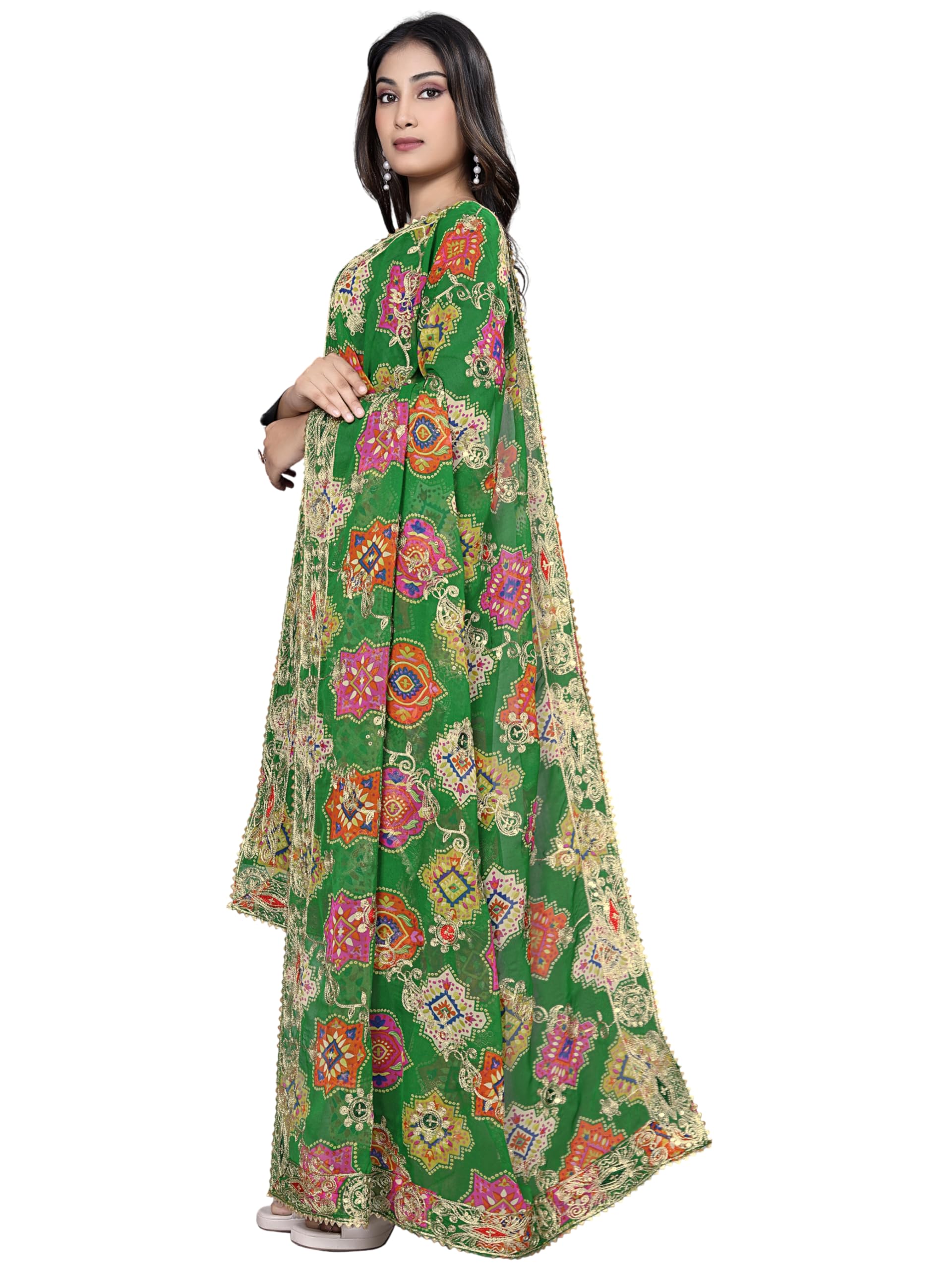 Vintage Dupatta Georgette Embroidered Mirror Work Bandhani Leheriya Printed Dupatta with Lace Border-image-12