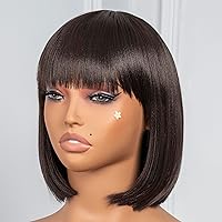 Vista 3 de ToyoTress Pelucas Bob de Cabello Marrón Claro con Flequillo - Peluca de Cabello Liso Yaki de 10 Pulgadas para Uso Diario y Disfraces para Mujeres