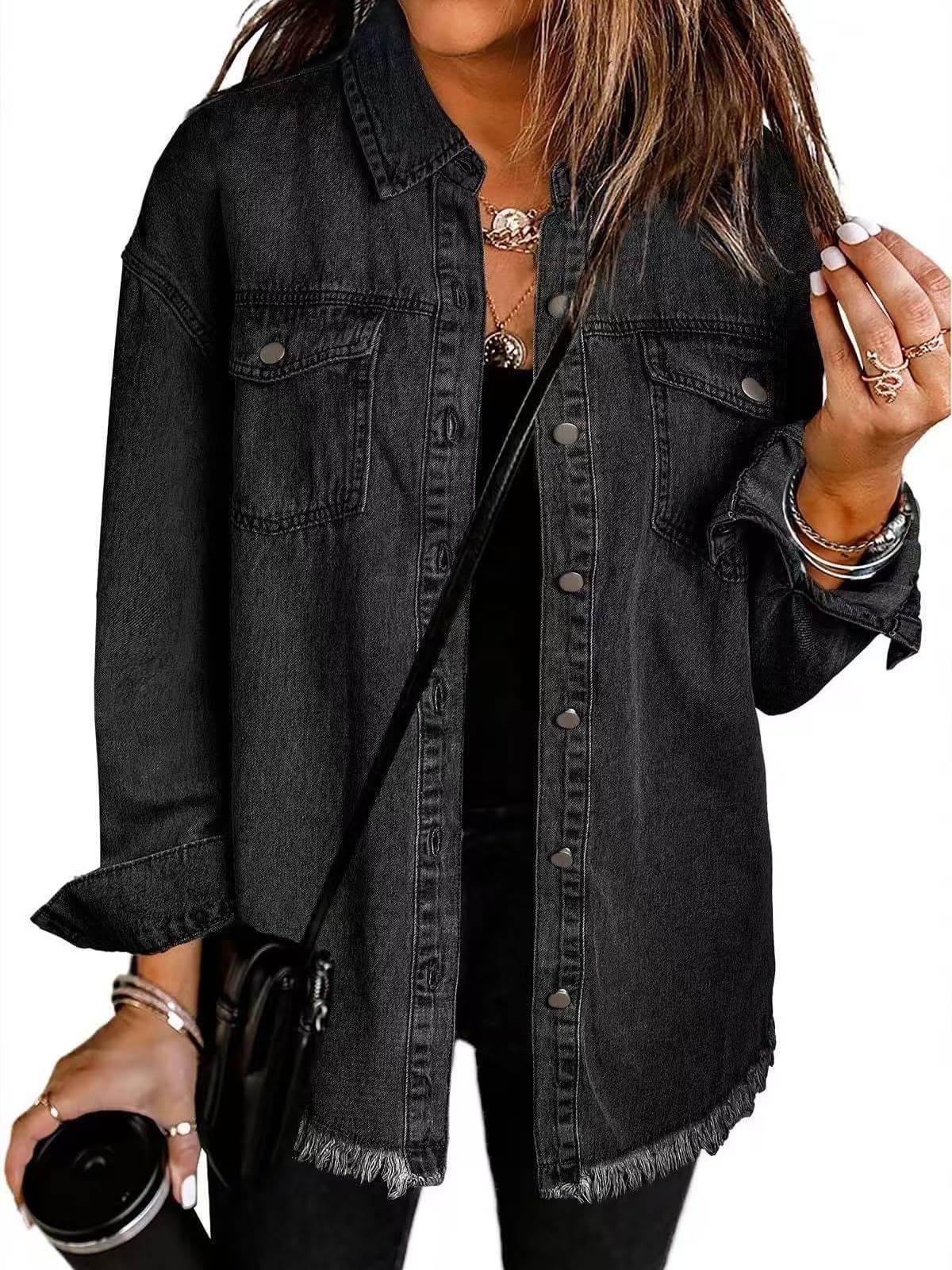 Casual Denim Button Down Distressed Jacket, Washed Denim Shirt Jacket for Women, Boyfriend Frayed Hem Shacket