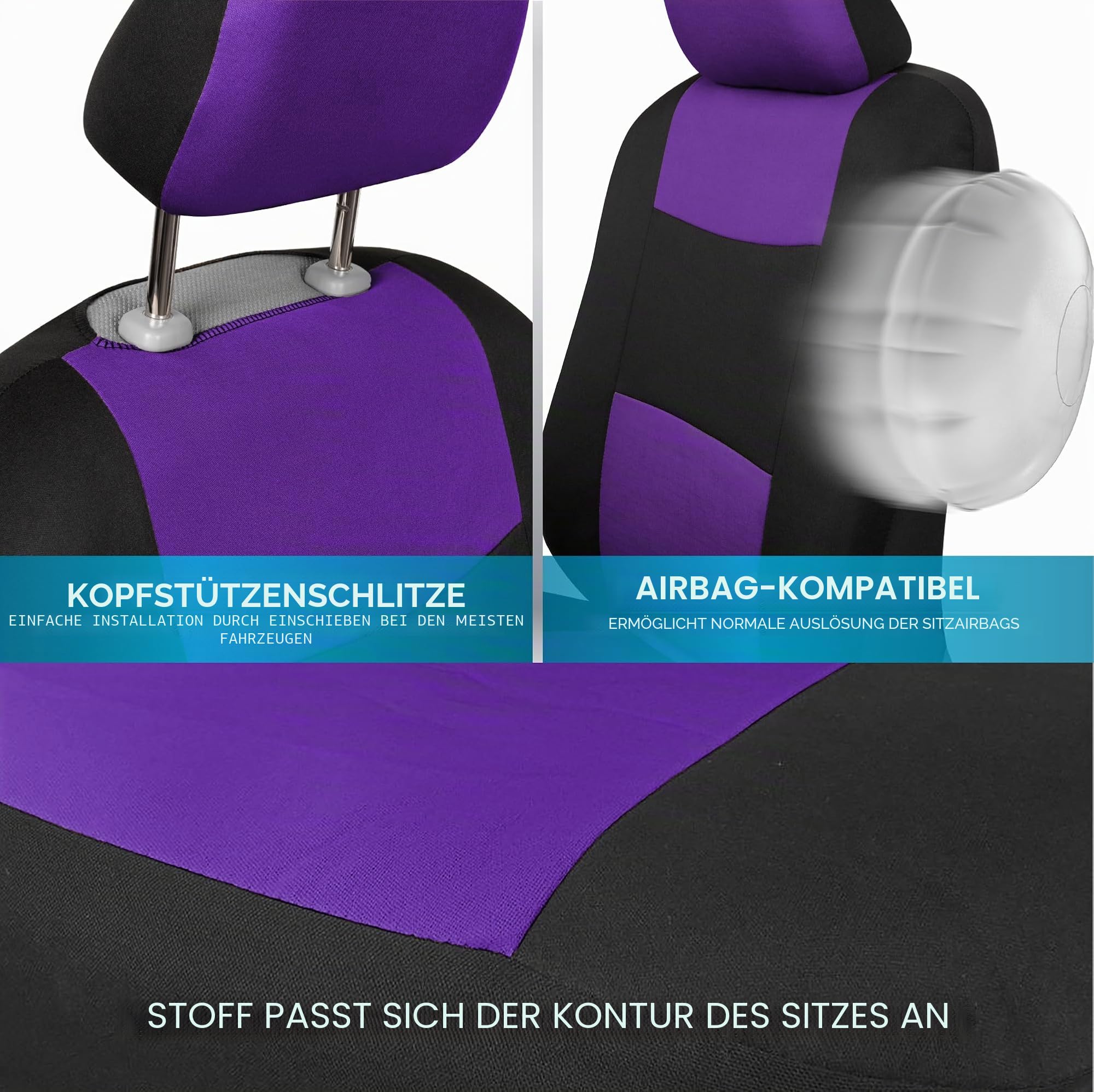 BDK PolyPro Autositzbezüge Komplettset in Lila auf Schwarz, vorne und hinten Geteilte Sitzbezüge für Autos, Autositzbezug-Set, Autozubehör für Auto, LKW, Van, SUV - Lila