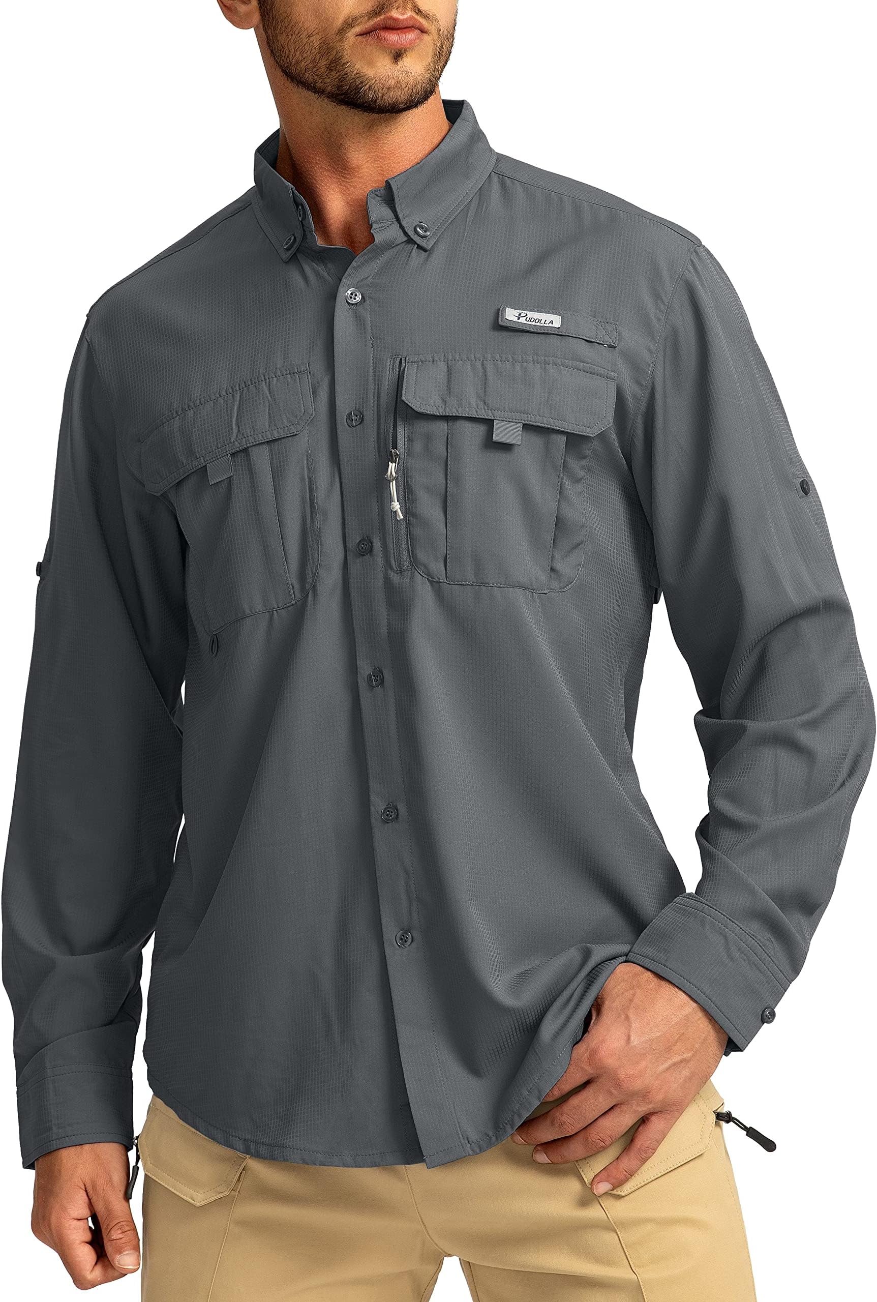 Men's Sun Protection Fishing Shirts Long Sleeve Travel Work Shirts for Men UPF50+ Button Down Shirts with Zipper Pockets