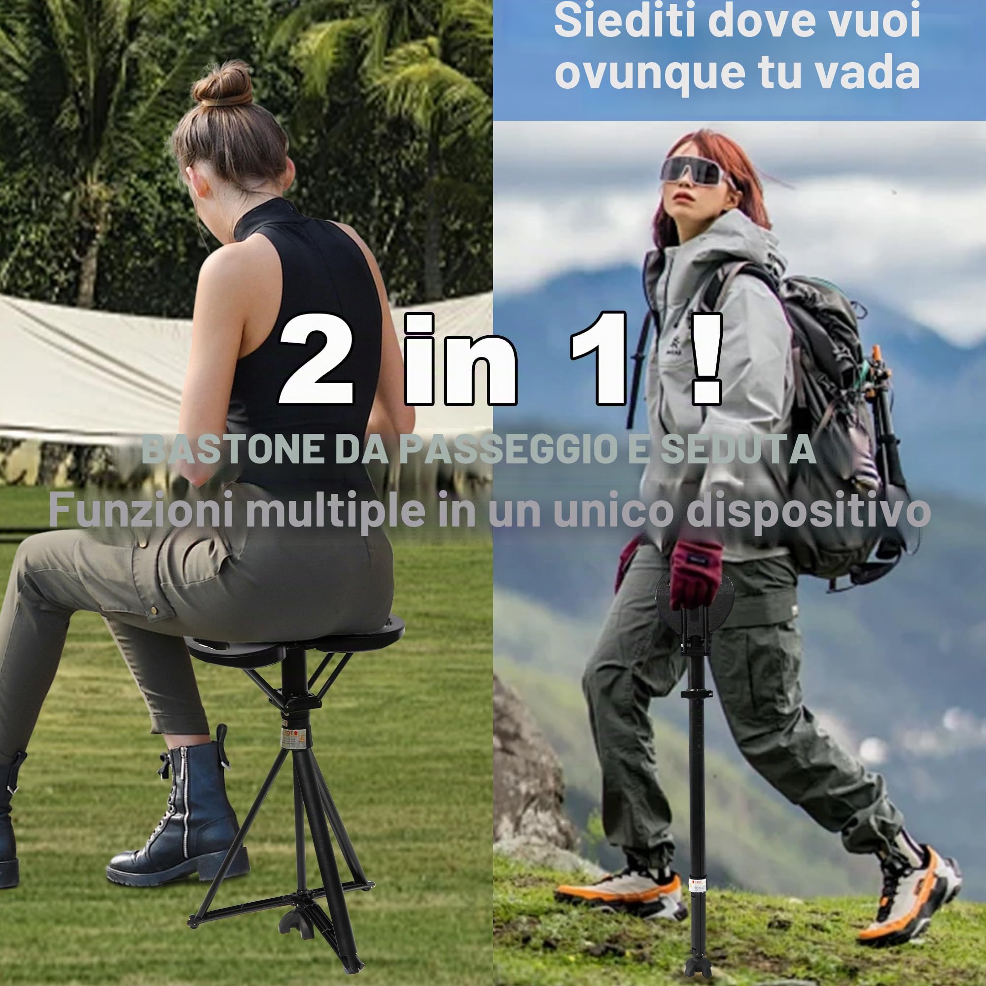 Bastone da passeggio con sedile, bastone pieghevole portatile, regolabile, per donne e uomini, bastone da passeggio retrattile per anziani e donne, per viaggi all'aperto