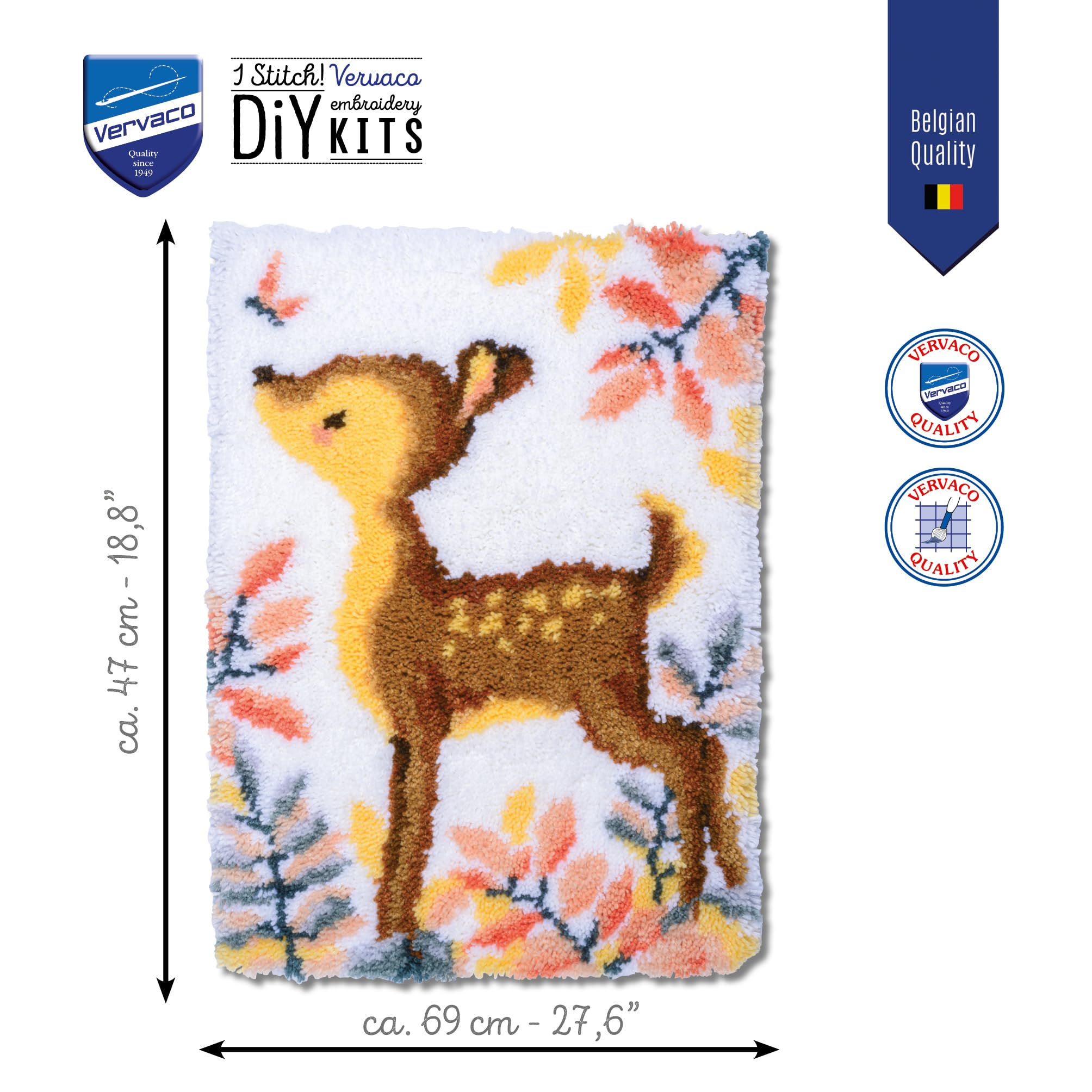 Vervaco Kit Tapis Point Noué Á Faire CERF Broderie Debutant DIY Latch Hook Kit Complet Decoration Maison Manuelle Loisir Créatif ca. 47 x 69 cm Embroidery