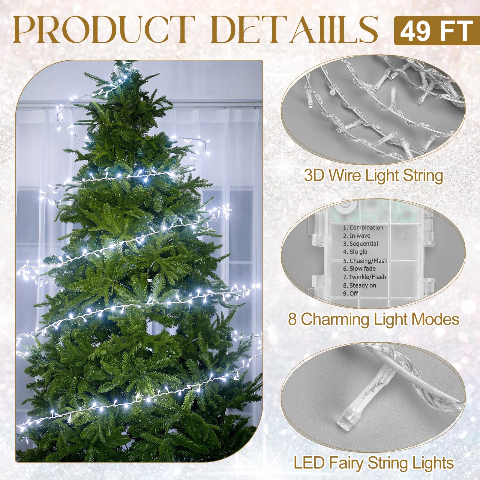 Mudder Guirlande lumineuse de sapin de Noël de 15 m avec anneau en fil métallique 300 LED 8 modes d'éclairage scintillant à piles pour sapin de Noël intérieur et extérieur (sans piles) (lumière