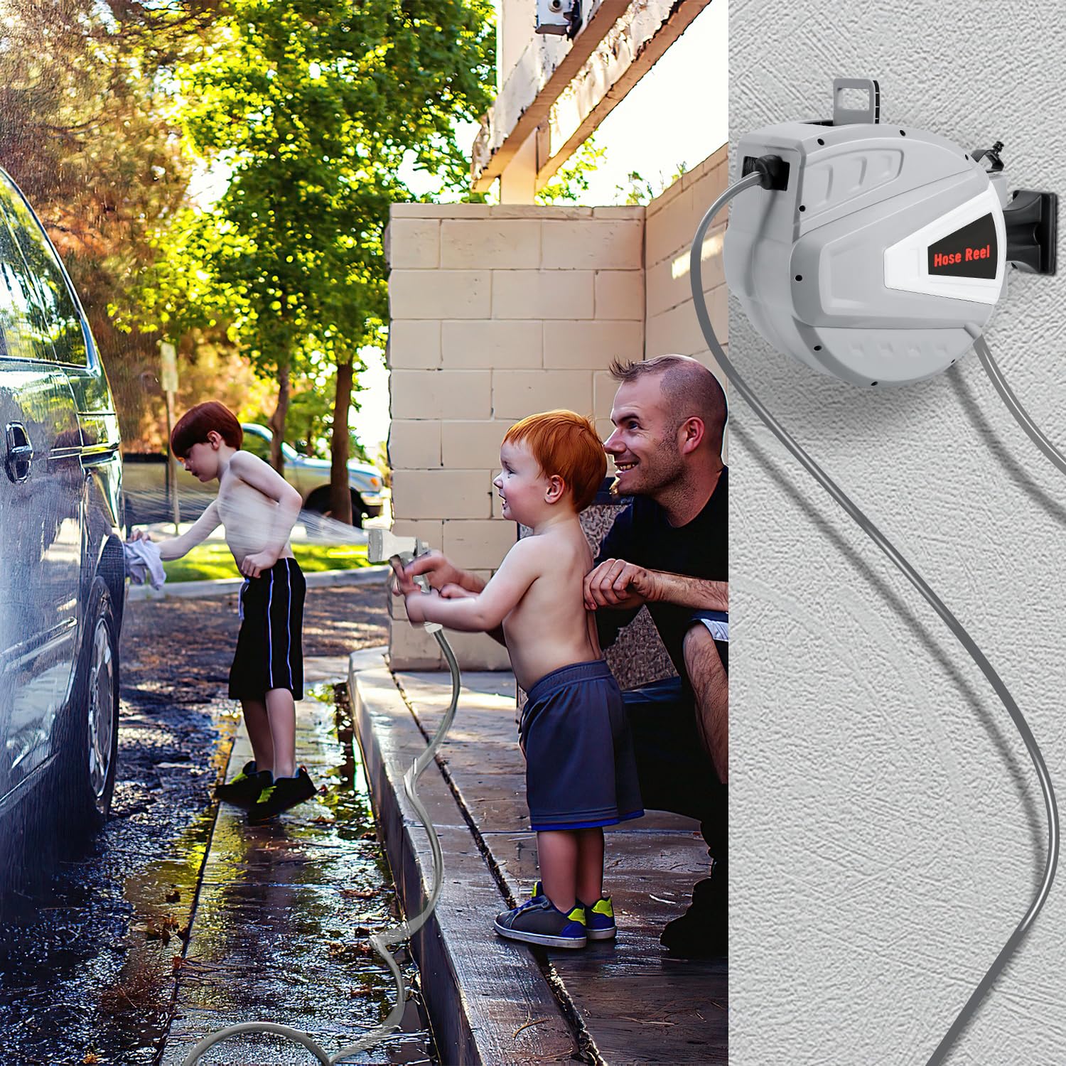 Enrouleur de tuyau d'arrosage, 30 m, montage mural, enrouleur de tuyau d'arrosage, avec retour automatique, rotation à 180 °, pour arrosage du jardin, gris