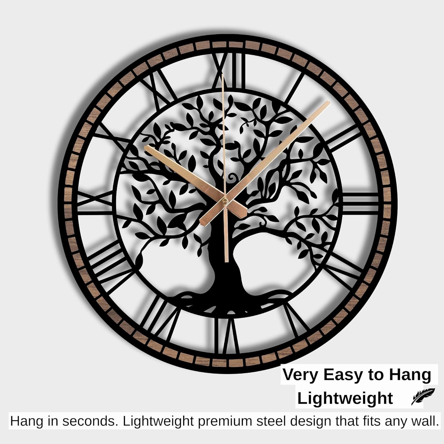 Tree of Life Wall Clock, Roman Numeral Metal with Wood Clocks, Large Wooden Frame Wall Clock for Living Room, Office, Bedroom, Home, Mid Century Silent Non Ticking Wall Clock, Farmhouse Decorative