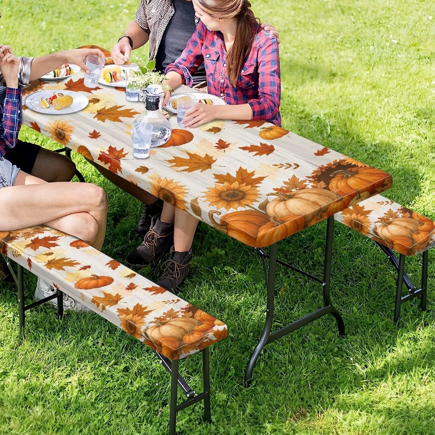 Fall Picnic Table and Bench Fitted Cover 3 Pieces Outdoor Camping Essentials, Pumpkins Sunflowers Maple Leaves Tablecloth for Outdoor BBQ Holiday Party
