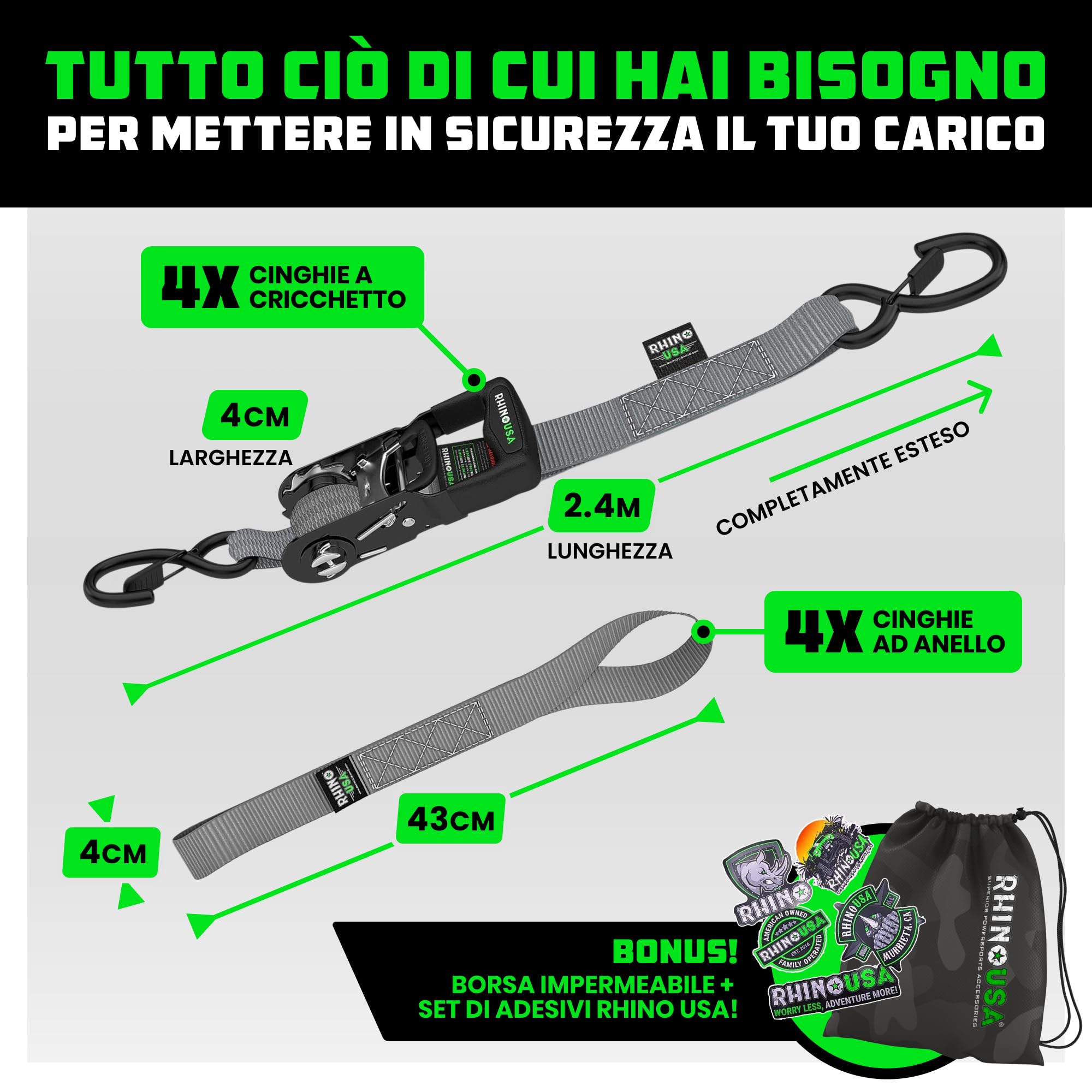 Rhino USA Cinghie a Cricchetto 2000kg, 4cm x 2.4m - Cinghie di Fissaggio Carico - 4 Pz - Cinghie per Trasloco e Trasporto - Cinghia a Cricchetto - con Manici e Ganci a S in Cromo Rivestito - Grigio