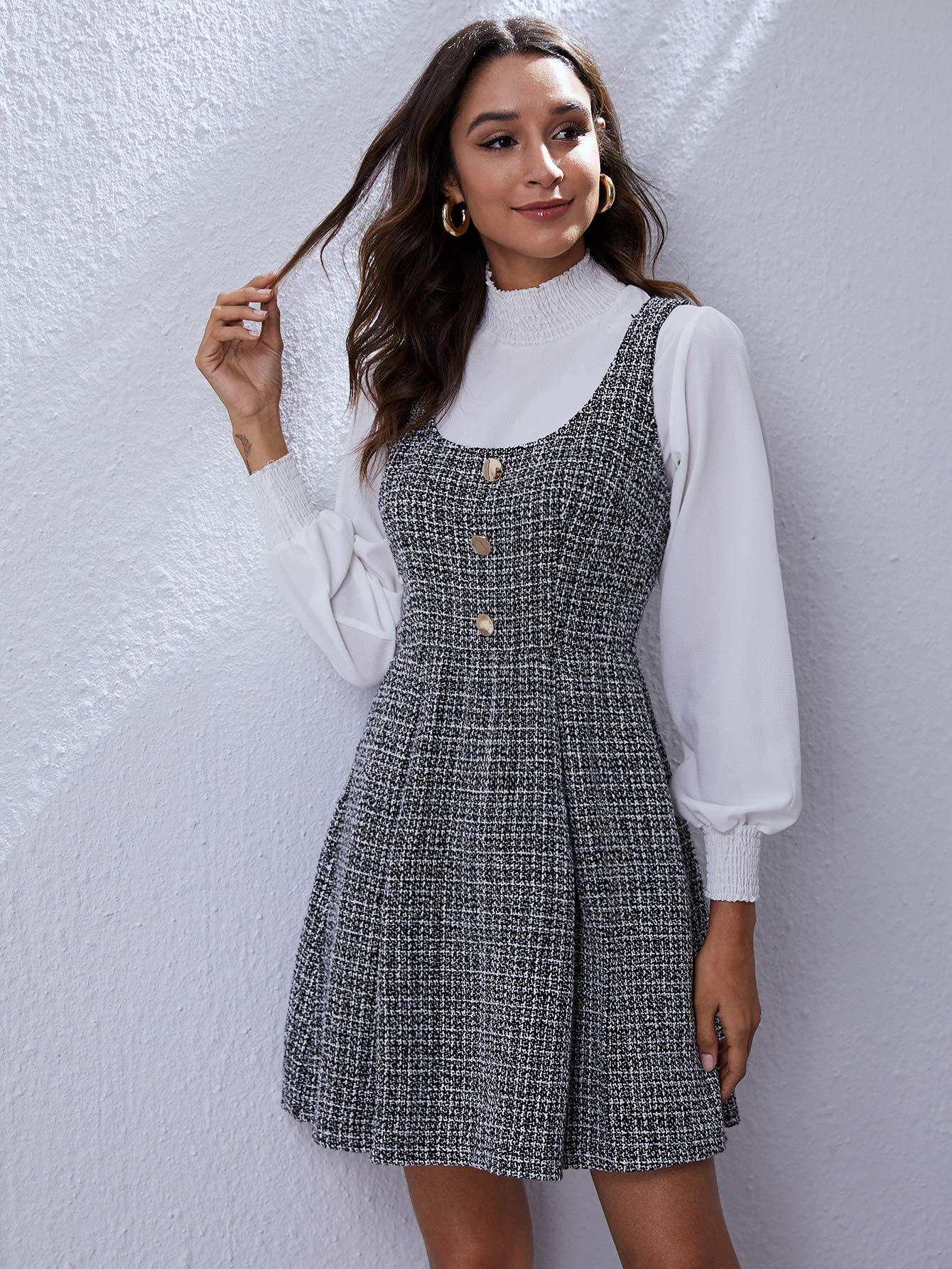 Amazon.com: Neeno Women's Dresses Tweed Pleated Mini Overall Dress Dress  for Women (Color : Black and White, Size : Large) : Clothing, Shoes &  Jewelry