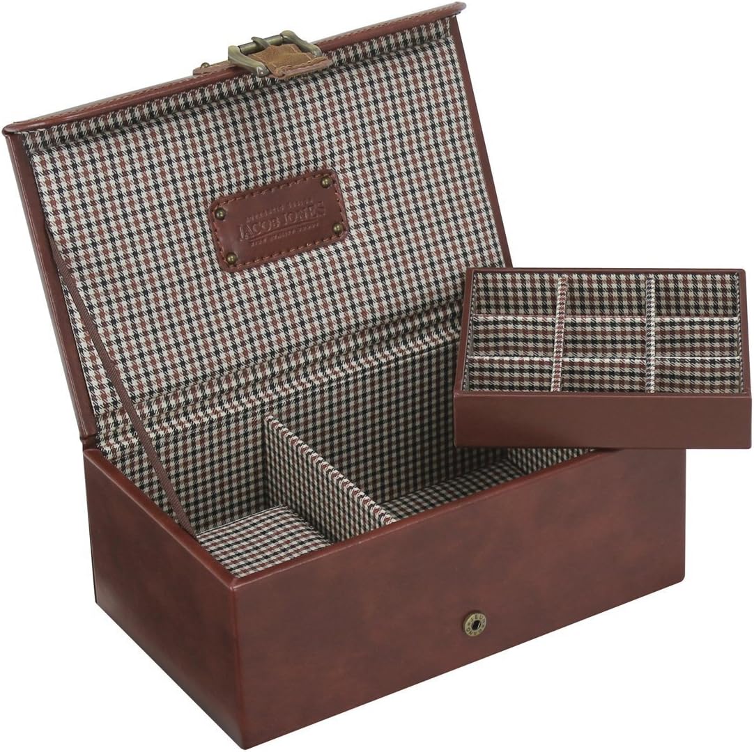 JACOB JONES Tan Watch and Cufflink Box with Brown Checker Cotton Lining