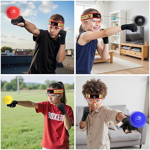 Miniatura 6 de Pelota refleja de boxeo para niños, pelota de boxeo de 4 niveles con 2 diademas, 1 par de guantes y 1 gafas, perfecta para reacción, velocidad de