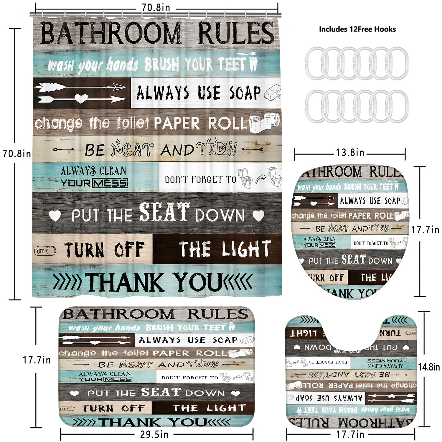 AZHM Juego de cortinas de ducha con citas inspiradoras para baño, 4 piezas, diseño de retazos marrón y verde azulado, juego de decoración de accesorios de baño con cortina de ducha y alfombras