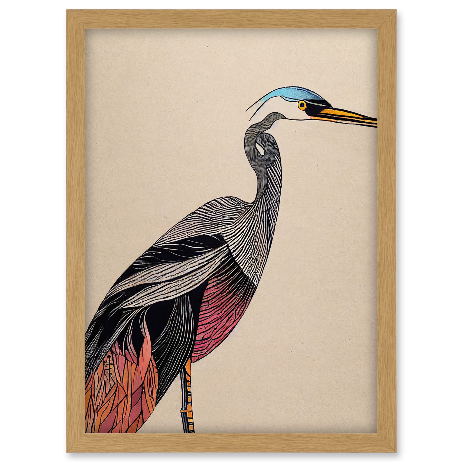 Doppelganger33 LTD Abstract Heron Bird Illustration Coral And Teal Hue Illustration Artwork Framed A3 Wall Art Print
