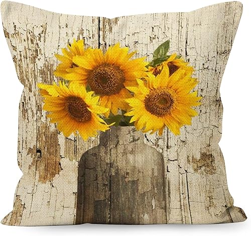 YUESHARE - Funda de almohada rústica de lino con diseño de flores de verano y otoño, decoración de decoración de sofá (18 x 18 pulgadas)