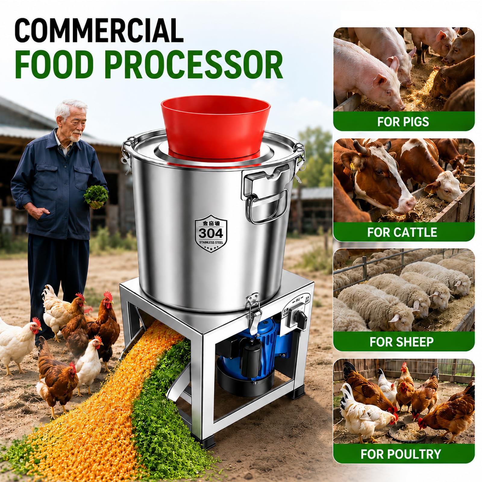 Rebanadora Eléctrica Comercial De Vegetales: Presenta Un Diseño De Gran Diámetro Con Grosor De Corte Ajustable, Adecuada Para Procesar Alimento Para Animales, Vegetales, Granos Y Materiales Sim 2200W