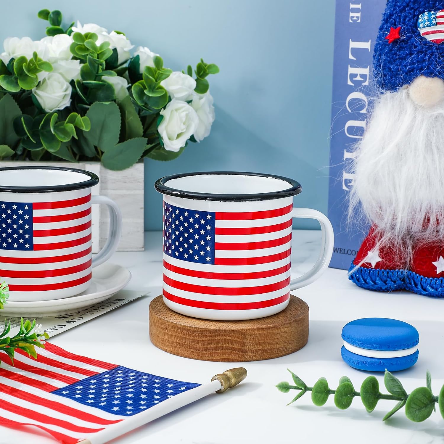 FYSUIMU 2 Pcs Patriotic Mugs 4th of July American Flag Enamel Coffee Cups 12 Oz Drinking Mug Gifts for Independence Day Home Party Dinner School Office Table Centerpieces Housewarming