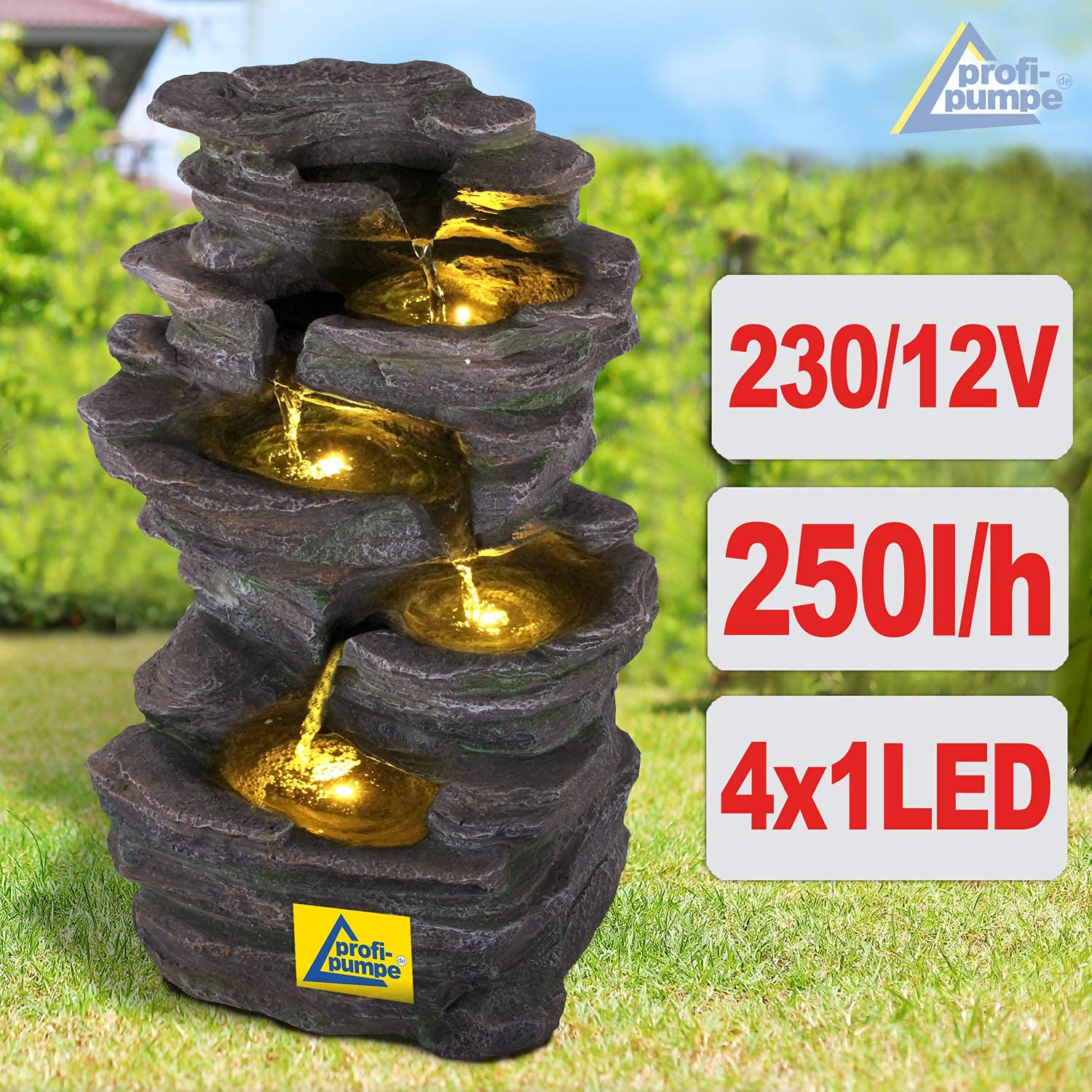 Gartenbrunnen Brunnen Zierbrunnen Zimmerbrunnen Springbrunnen Brunnen mit LED-Licht 230V Wasserfall Wasserspiel für Garten, Gartenteich, Terrasse, Balkon Sehr Dekorativ (7-GB02178-4)