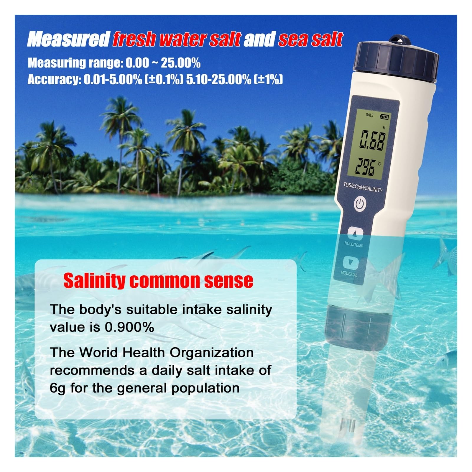 Misuratore Ph, Rilevatore digitale della qualità acqua 5 in 1 Misuratore di test PH/EC/TDS/Salinità/Temperatura Monitor multifunzione for tester della qualità acqua Piscine, Acquari, Acqua Potabile Ec