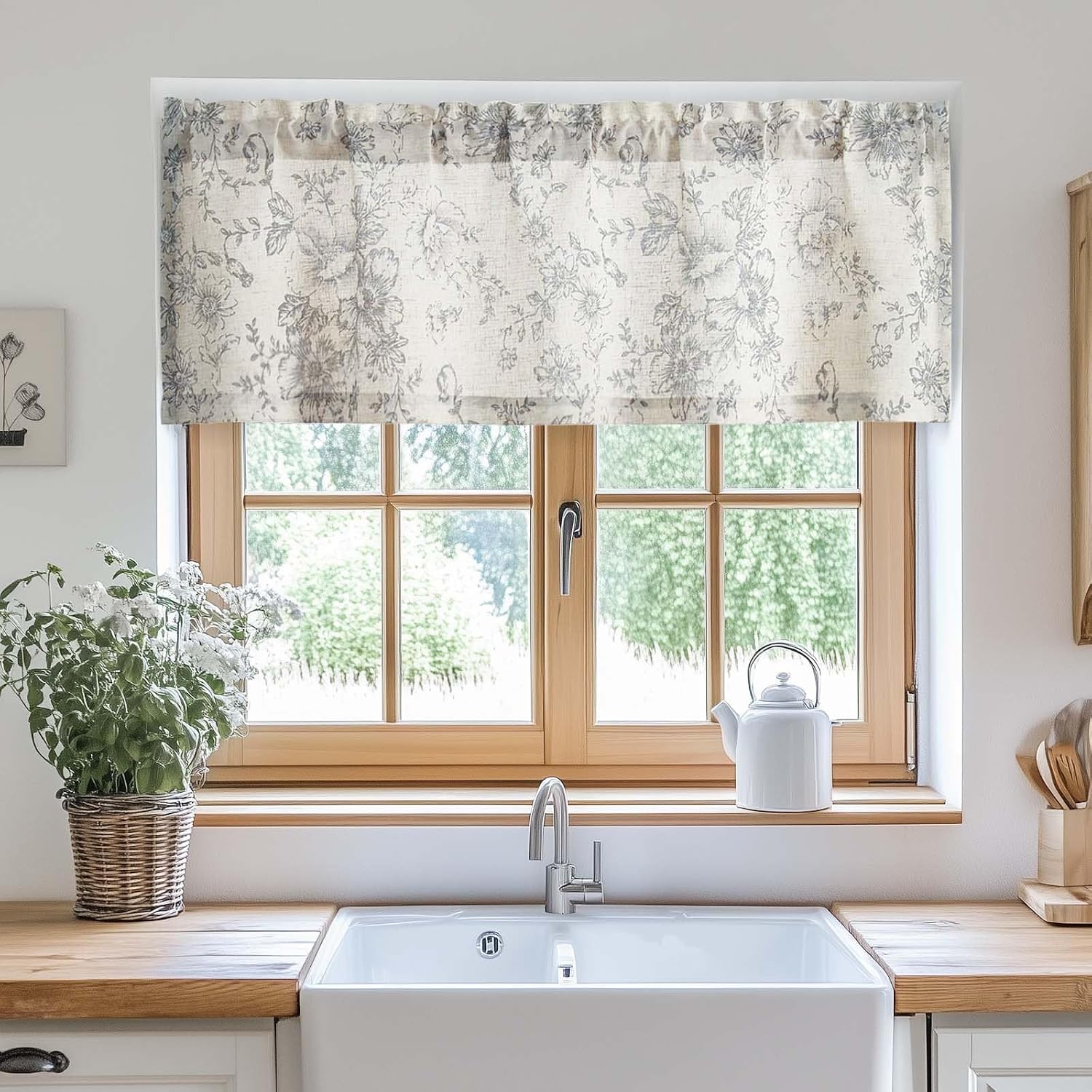 jinchan Alice Linen Floral Valance Farmhouse 1 Panel Grey on Linen